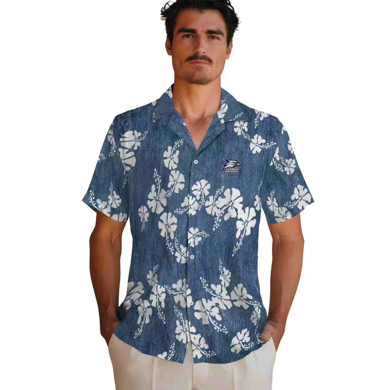 georgia southern eagles hibiscus clusters blue hawaiian shirt fashion forward