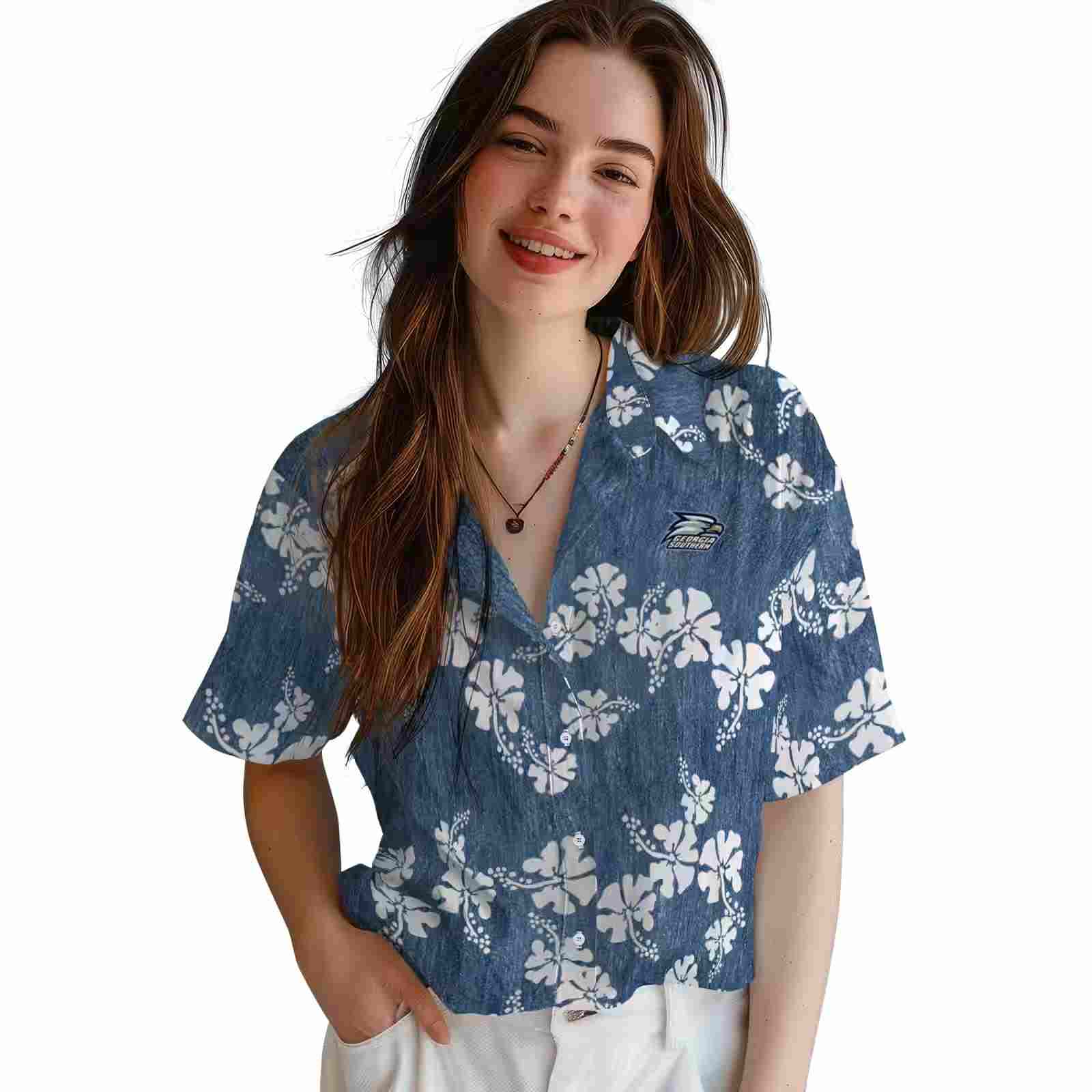 georgia southern eagles hibiscus clusters blue hawaiian shirt latest model