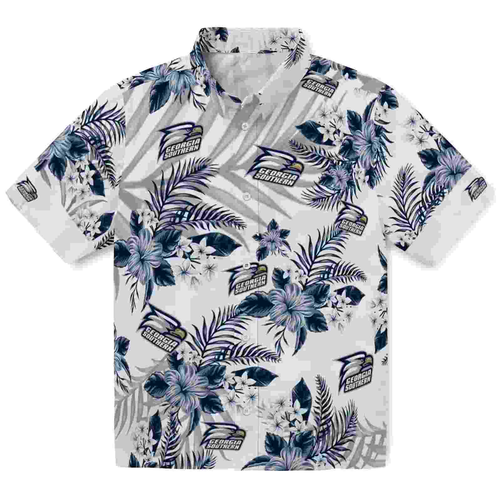 Georgia Southern Eagles Hibiscus Palm Leaves Blue White Hawaiian Shirt