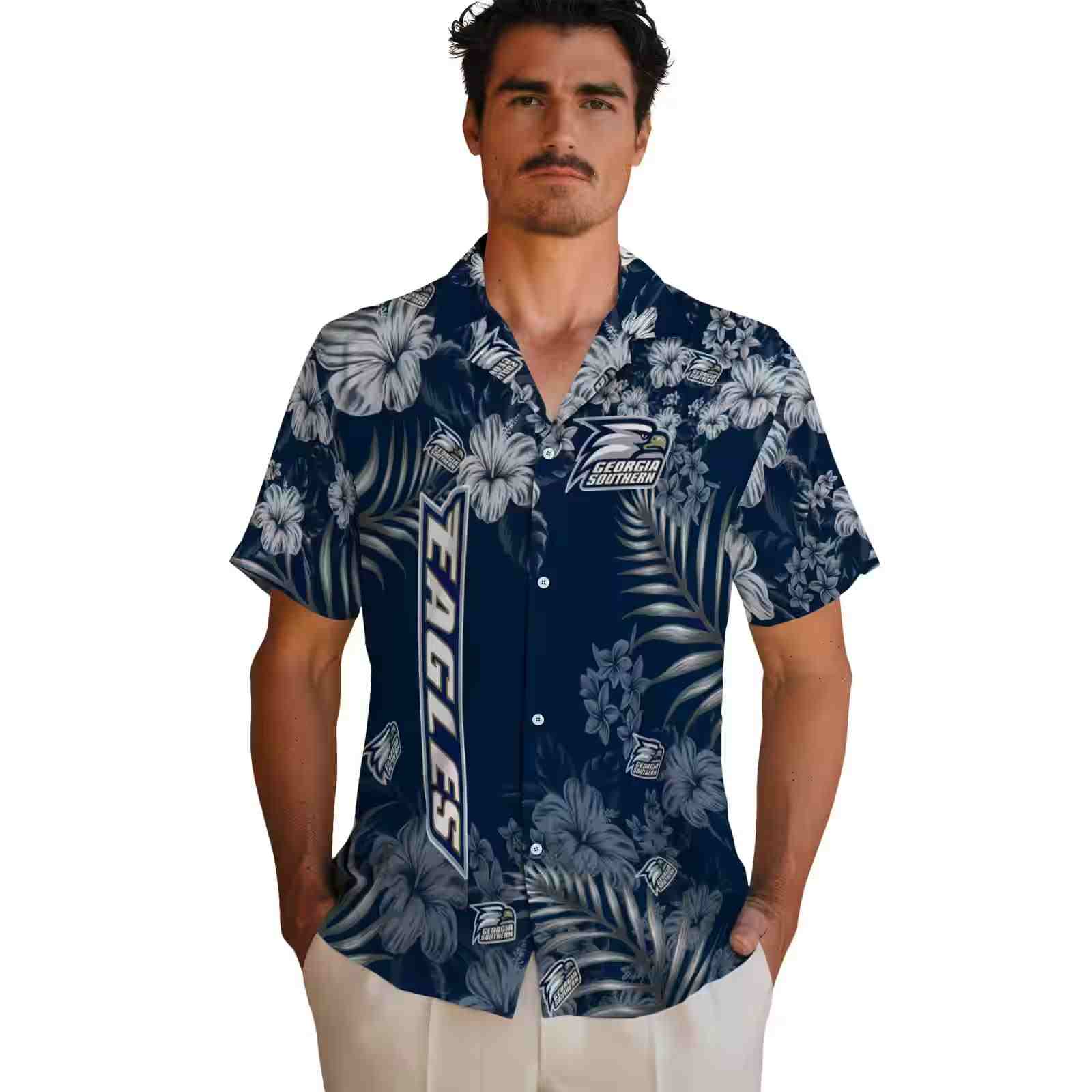 georgia southern eagles hibiscus print blue hawaiian shirt fashion forward