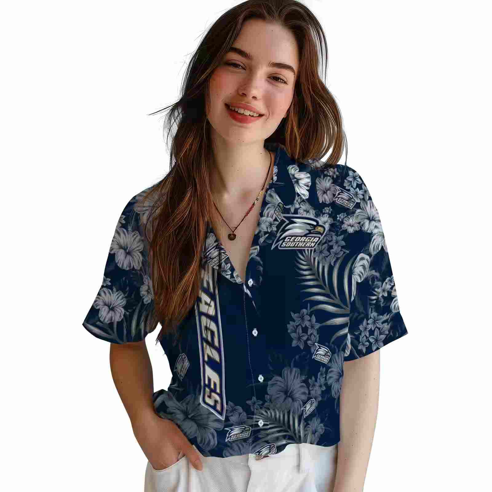 georgia southern eagles hibiscus print blue hawaiian shirt latest model