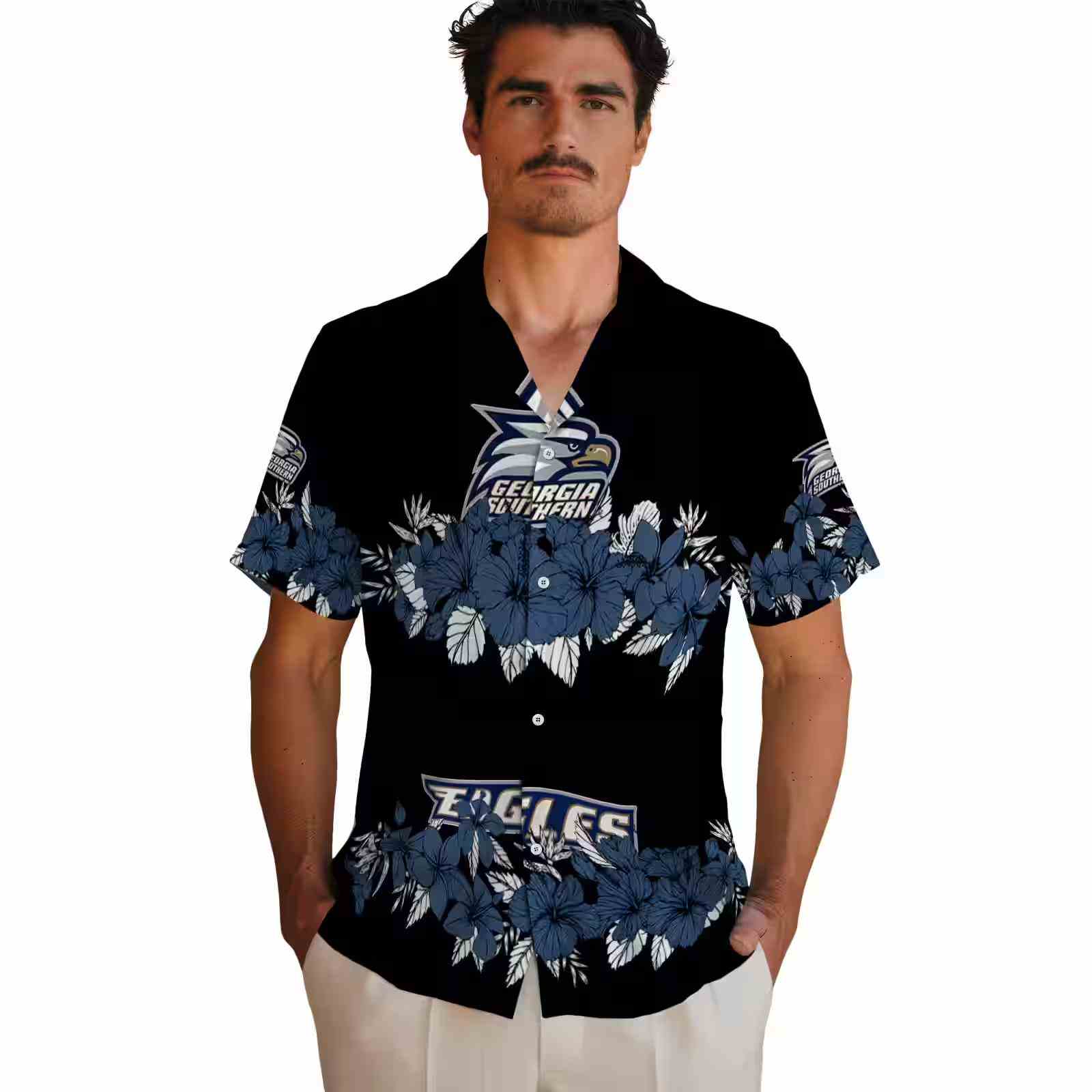 georgia southern eagles hibiscus stripe blue black hawaiian shirt fashion forward