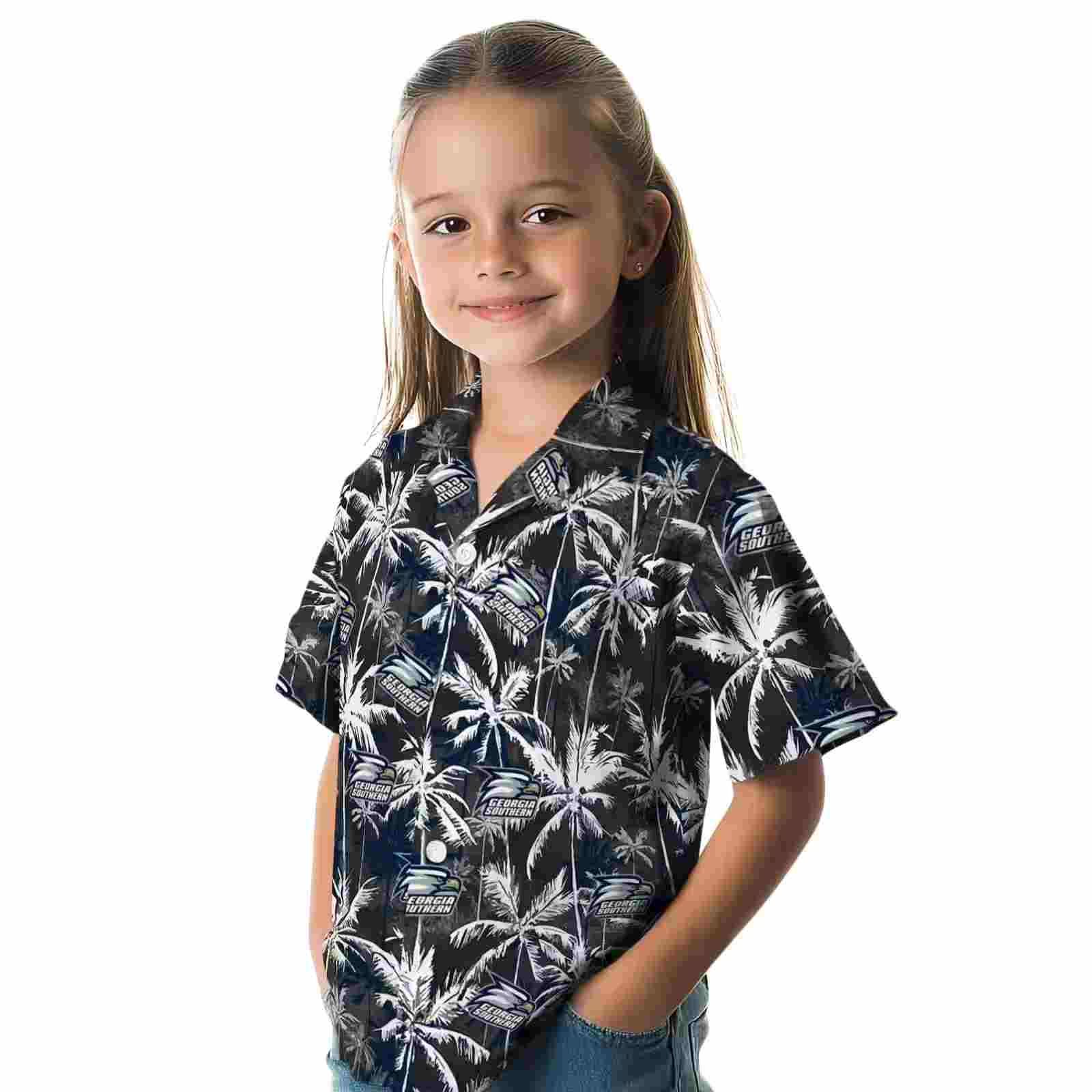 georgia southern eagles palm pattern blue black hawaiian shirt premium grade