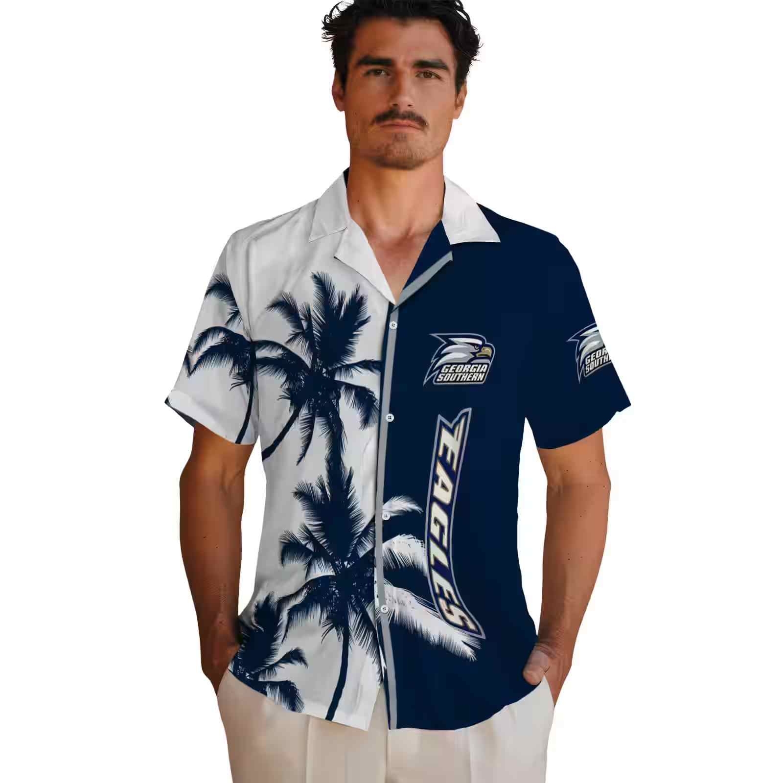 georgia southern eagles palm trees blue white hawaiian shirt fashion forward