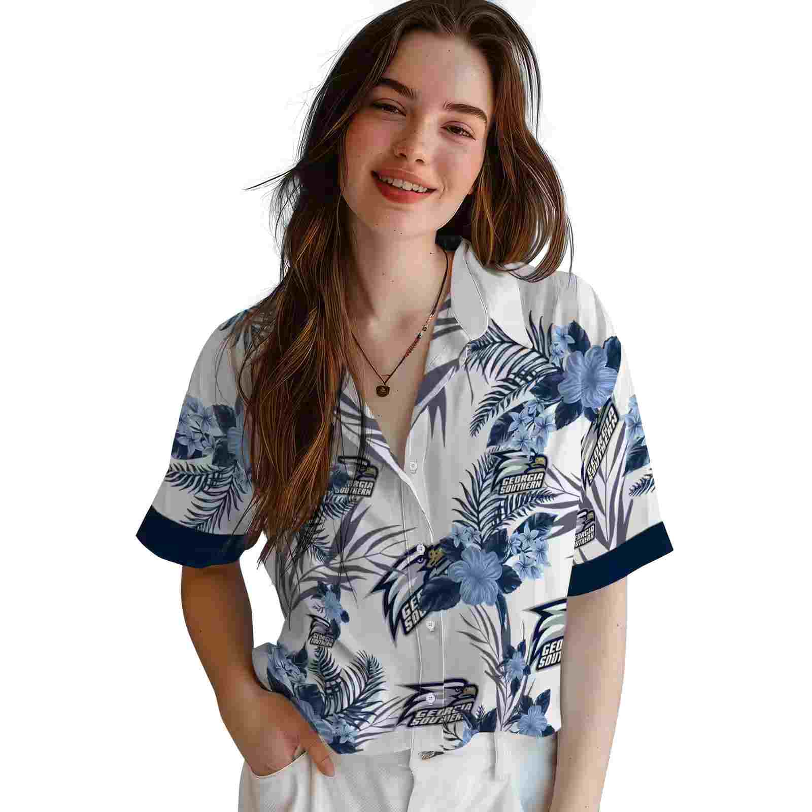 georgia southern eagles patriotic hibiscus design blue white hawaiian shirt latest model