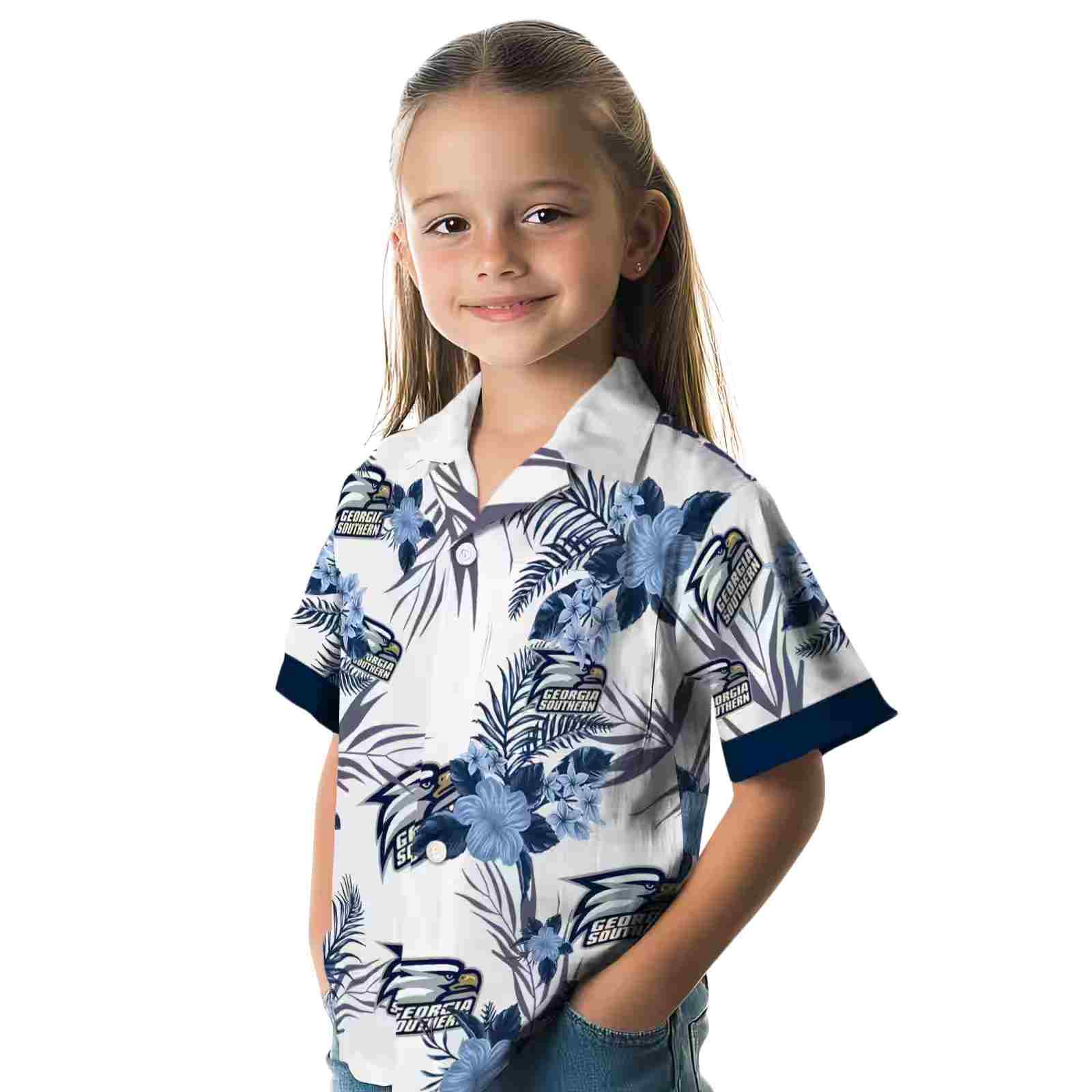 georgia southern eagles patriotic hibiscus design blue white hawaiian shirt premium grade