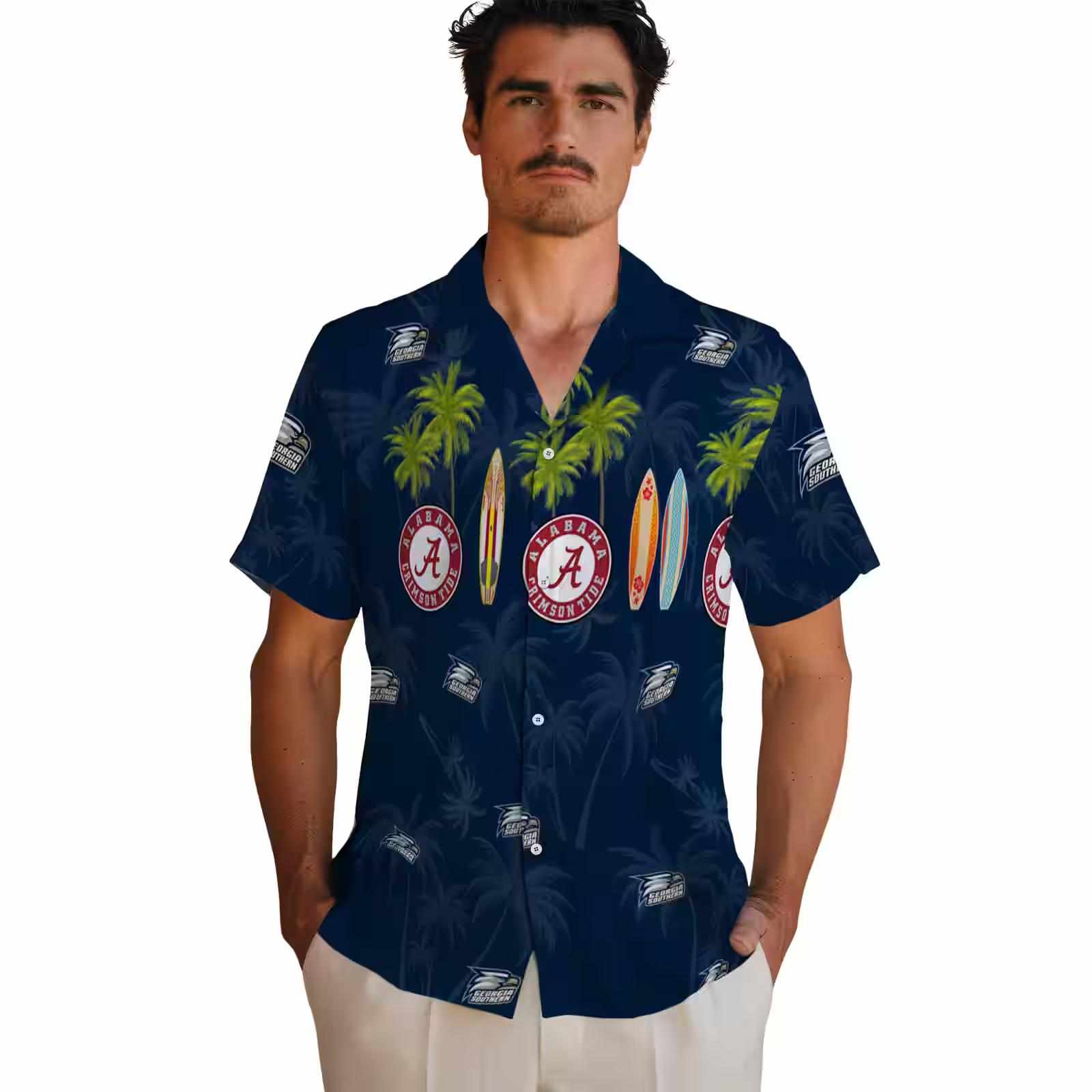 georgia southern eagles surfboard palm blue hawaiian shirt fashion forward