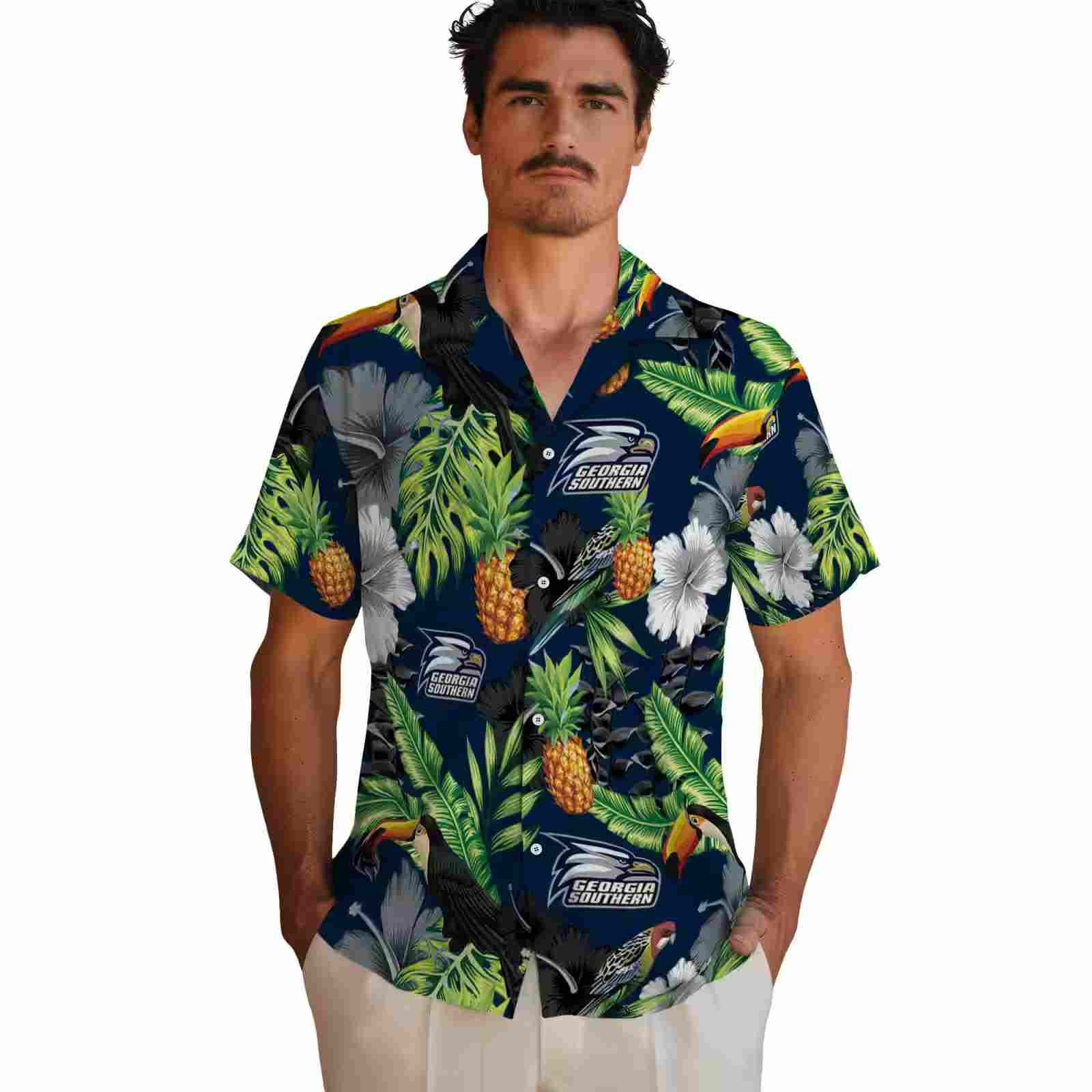 georgia southern eagles toucan hibiscus pineapple blue green hawaiian shirt fashion forward