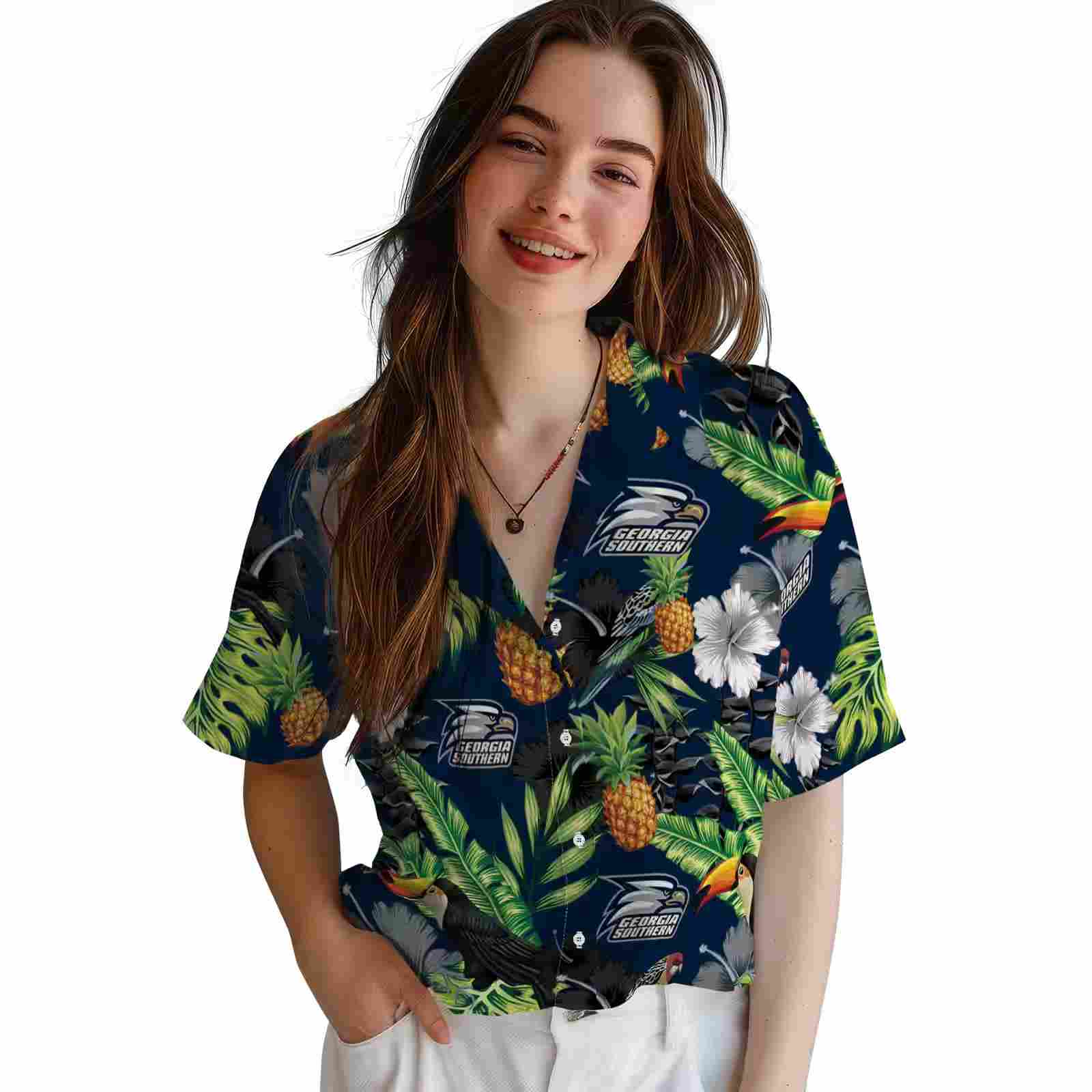 georgia southern eagles toucan hibiscus pineapple blue green hawaiian shirt latest model