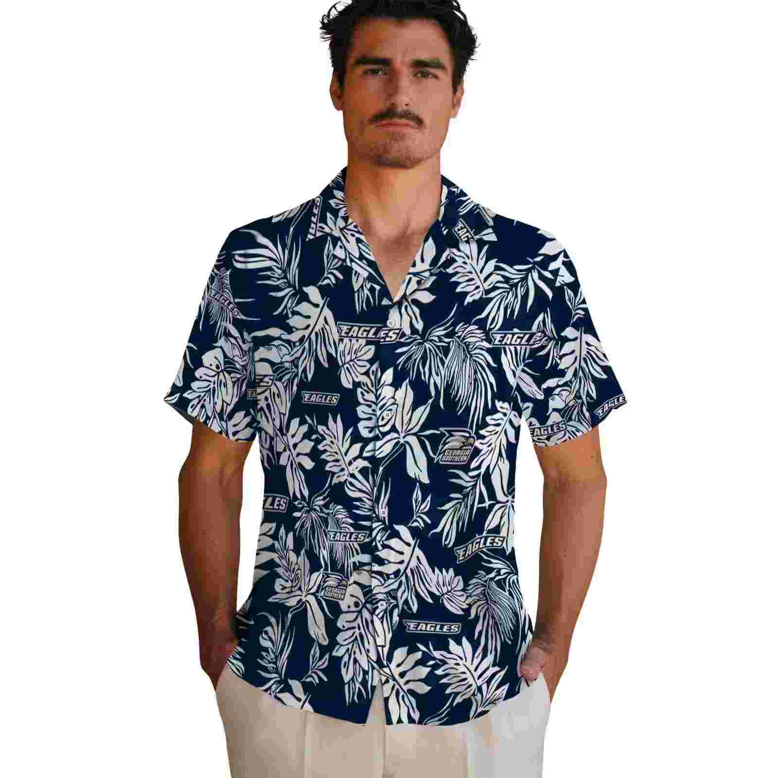 georgia southern eagles tropical leaf blue white hawaiian shirt fashion forward