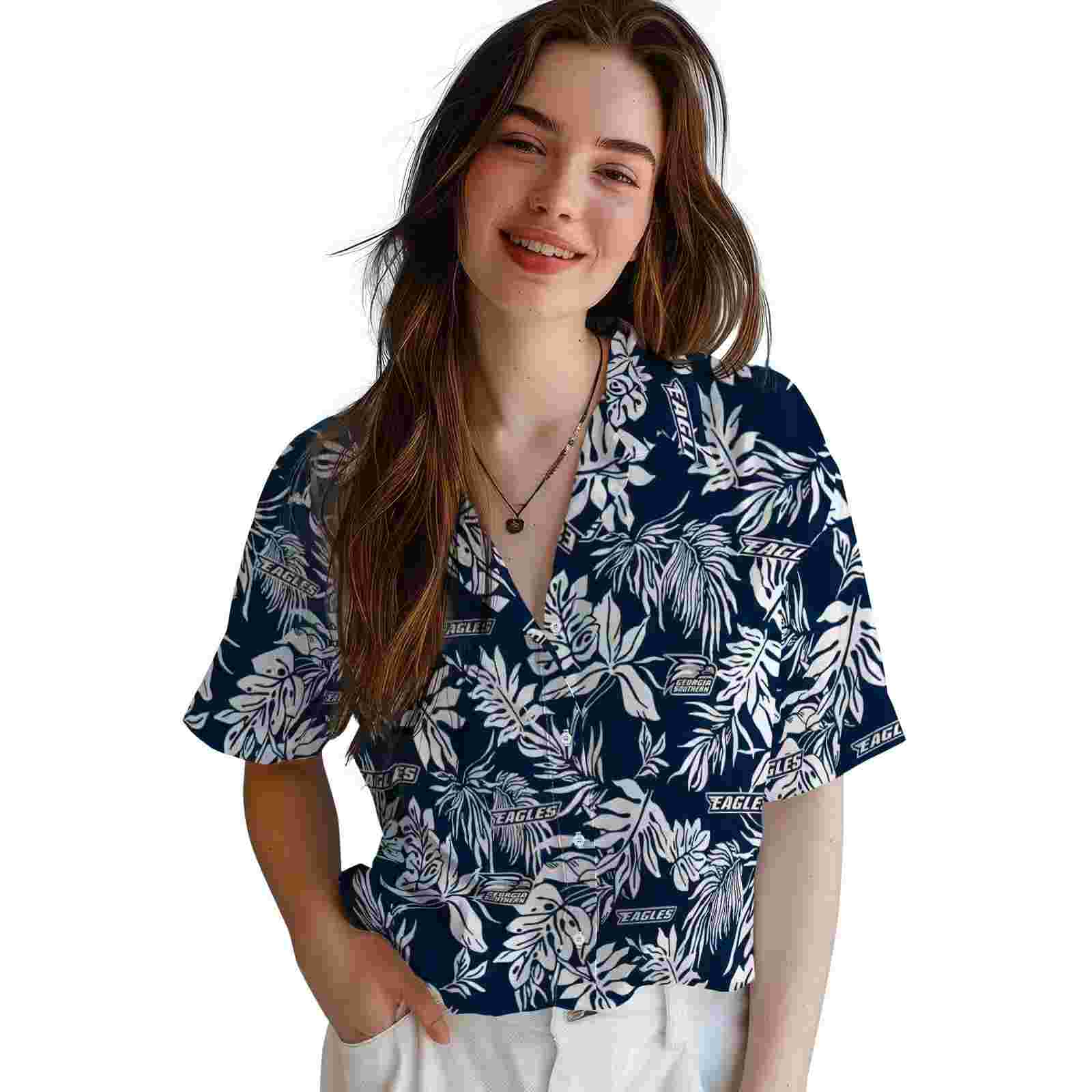 georgia southern eagles tropical leaf blue white hawaiian shirt latest model