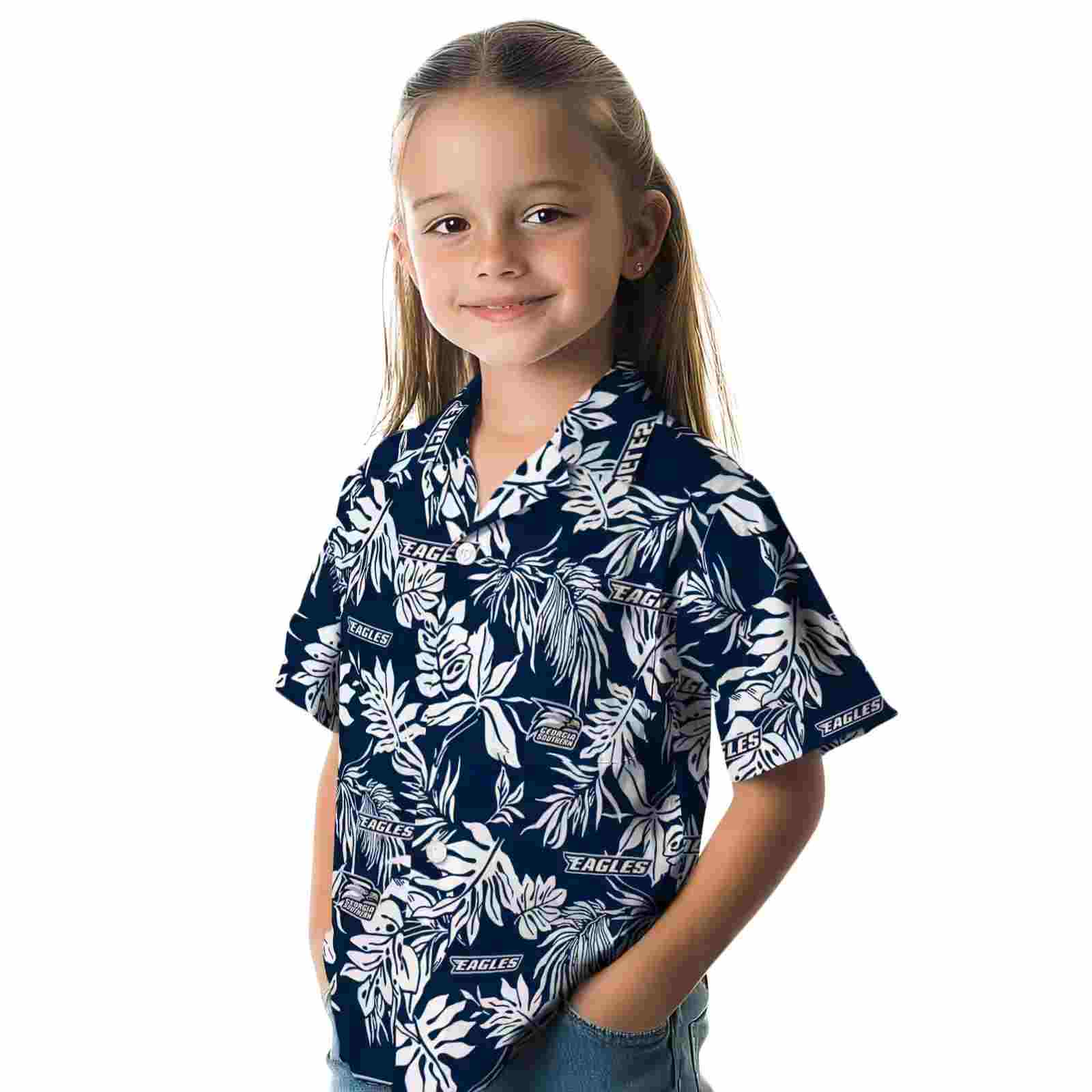 georgia southern eagles tropical leaf blue white hawaiian shirt premium grade