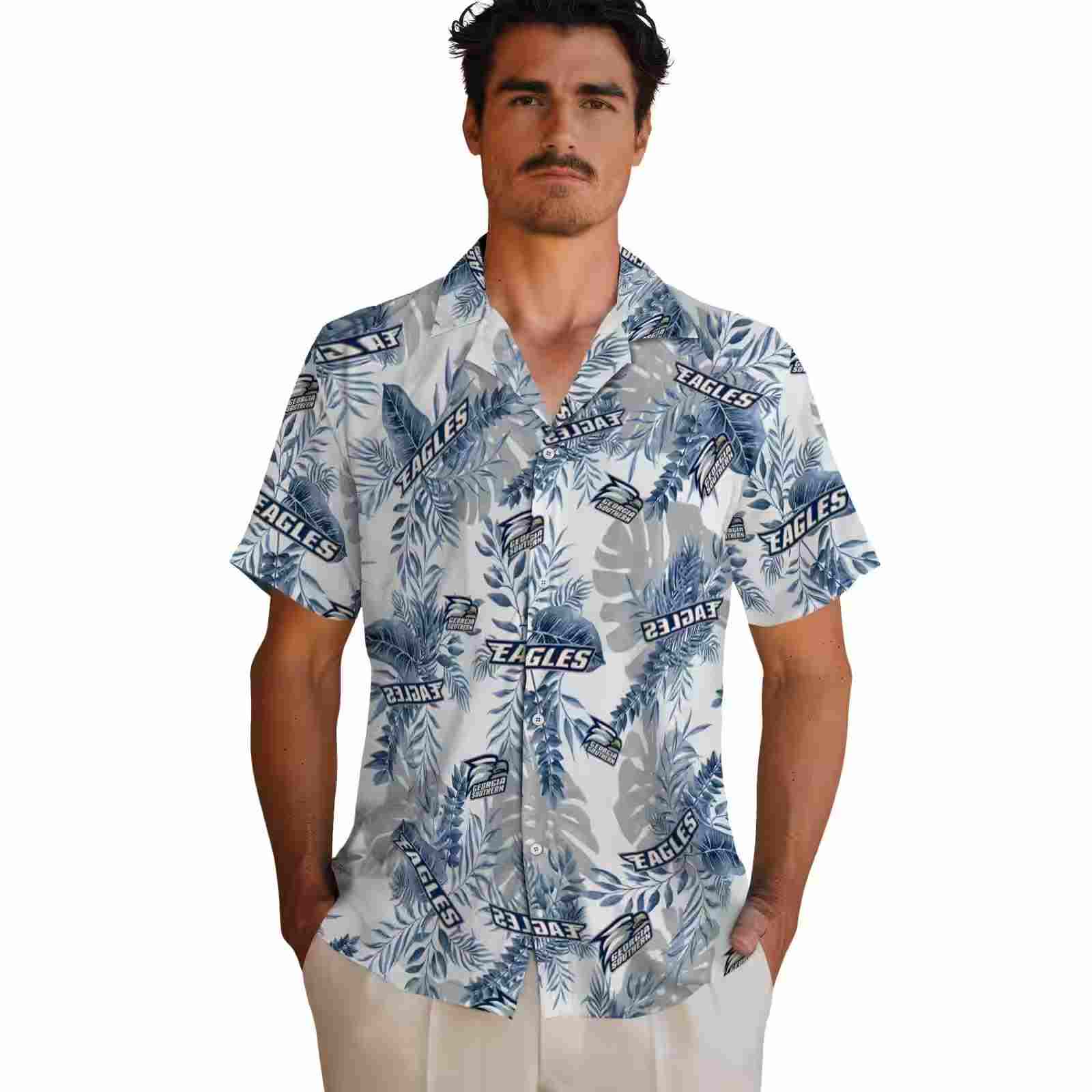 georgia southern eagles tropical leaves blue white hawaiian shirt fashion forward