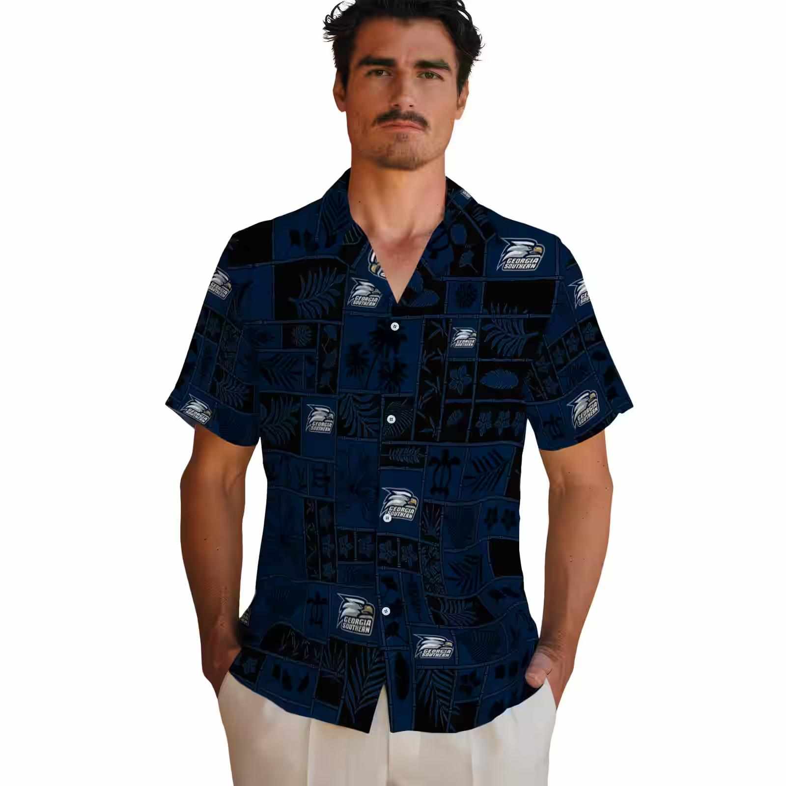 georgia southern eagles tropical patchwork blue black hawaiian shirt fashion forward