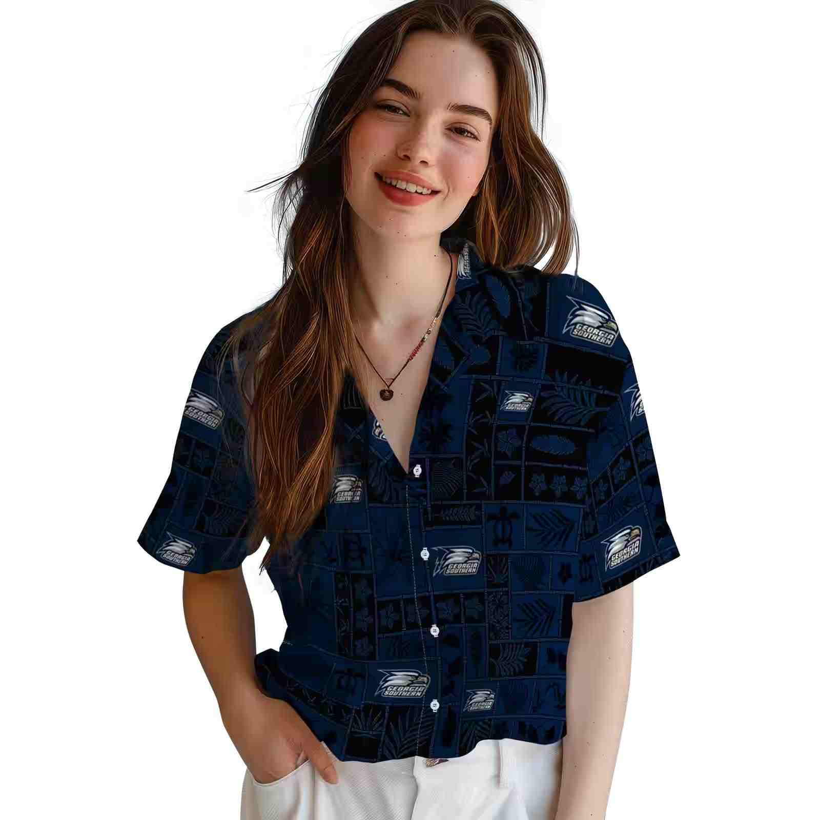 georgia southern eagles tropical patchwork blue black hawaiian shirt latest model