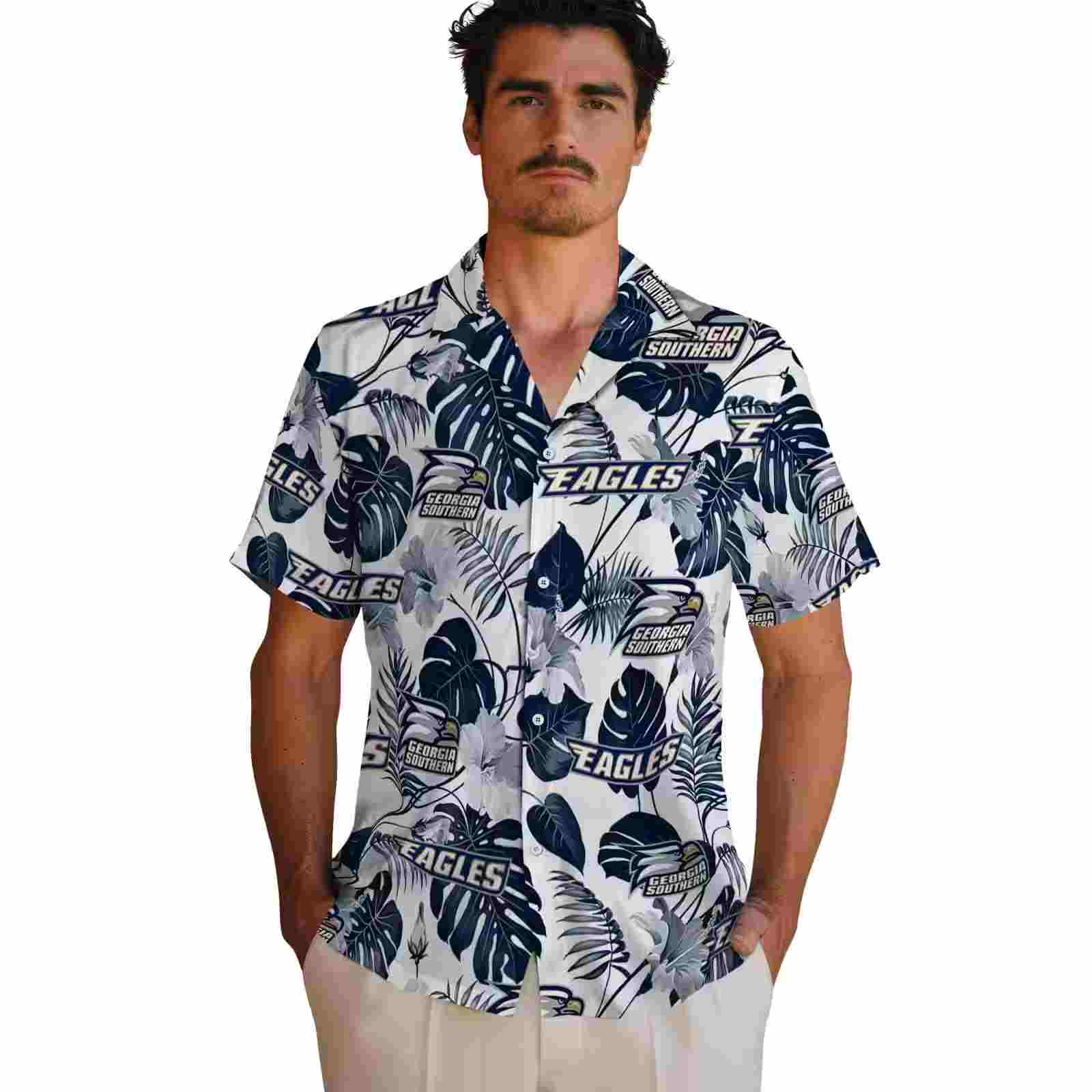 georgia southern eagles tropical plants blue white hawaiian shirt fashion forward