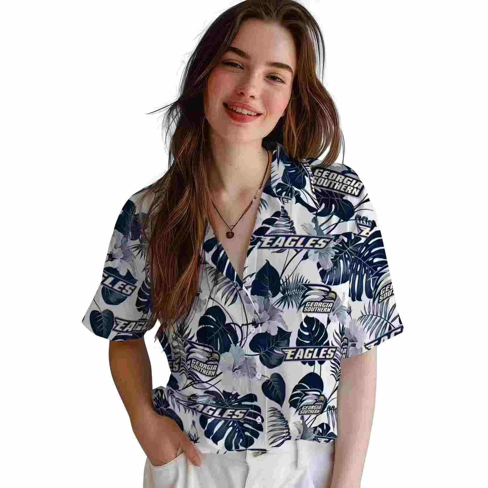 georgia southern eagles tropical plants blue white hawaiian shirt latest model