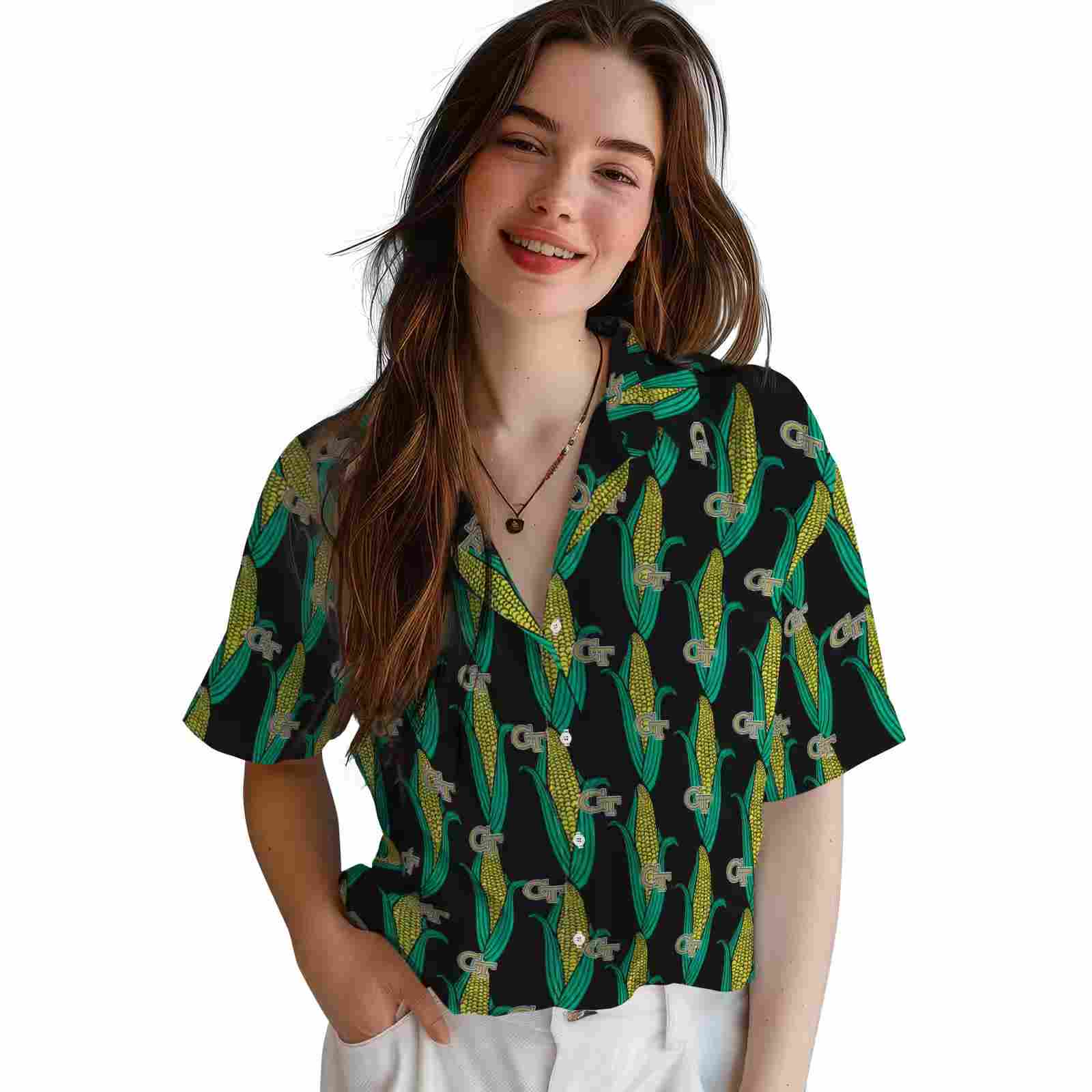 georgia tech yellow jackets corn motifs black green hawaiian shirt latest model