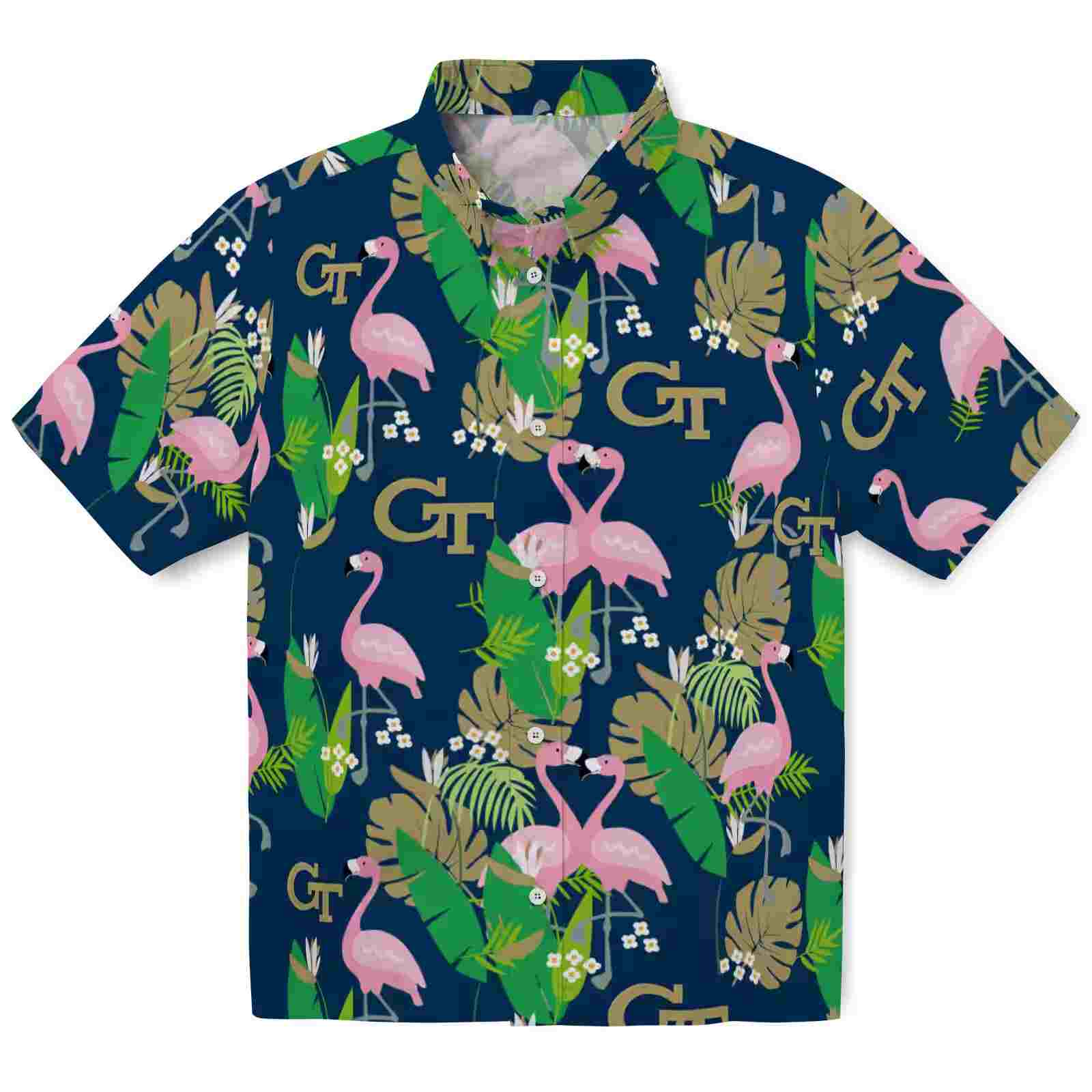 Georgia Tech Yellow Jackets Flamingo Foliage Gold Green Hawaiian Shirt