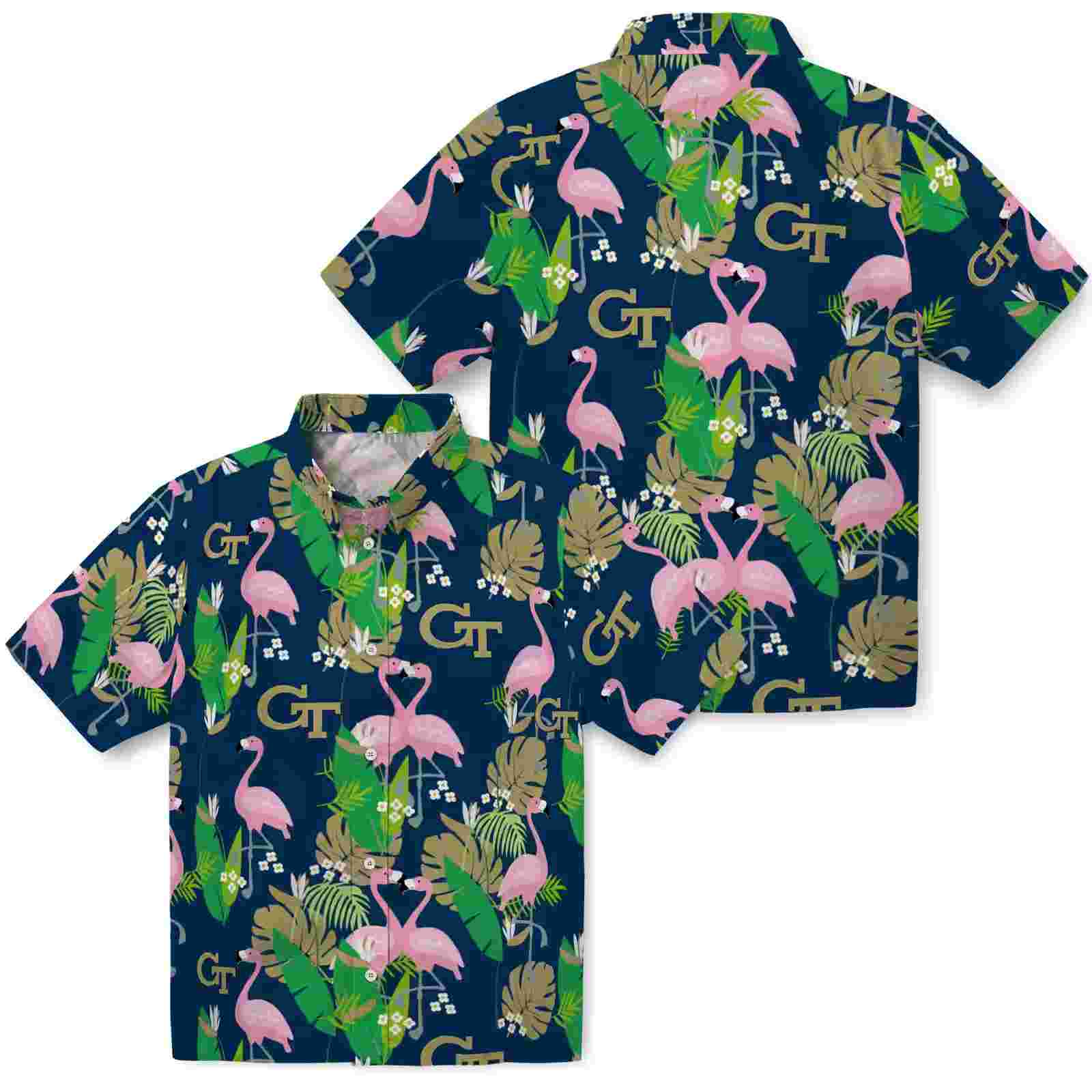 georgia tech yellow jackets flamingo foliage gold green hawaiian shirt high quality