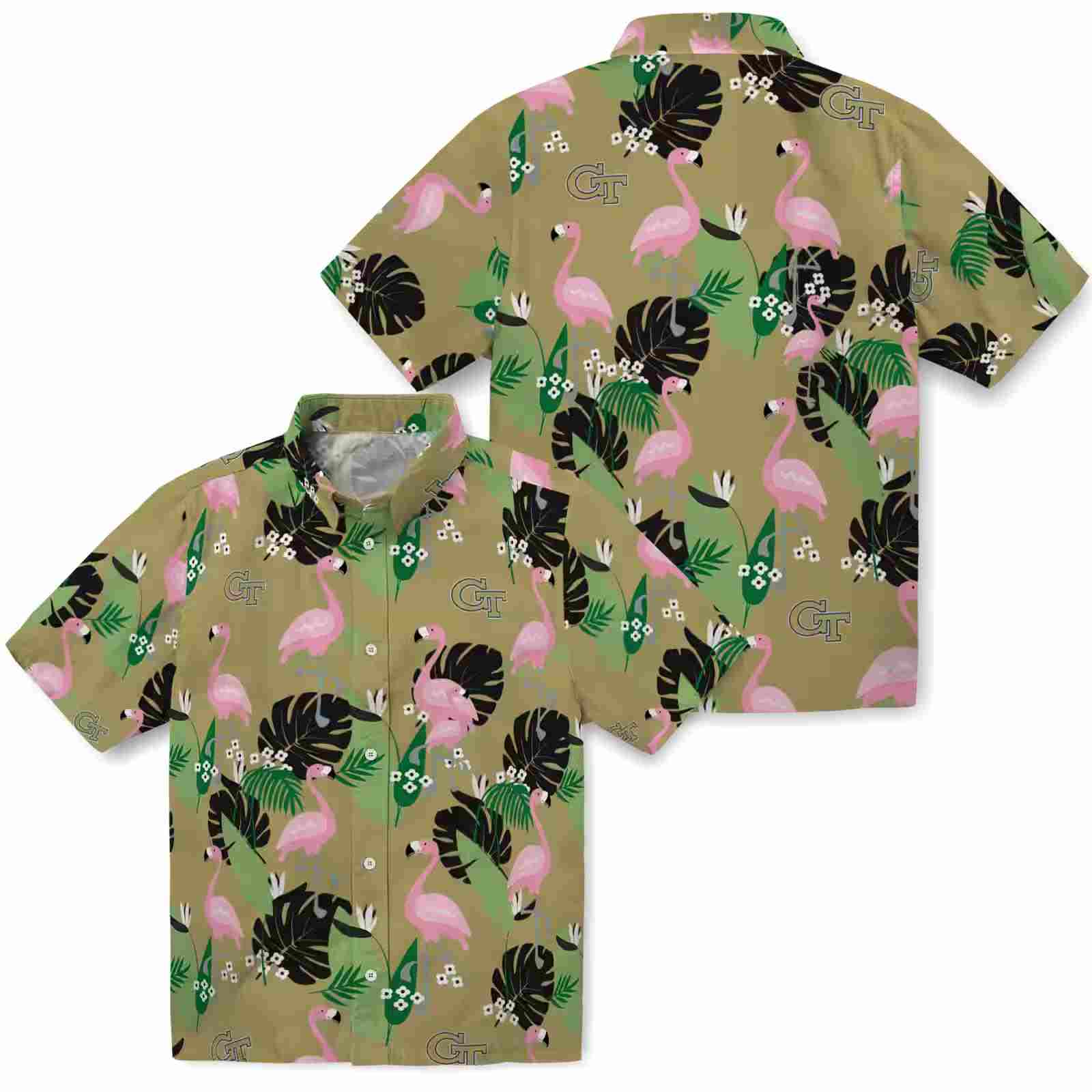 georgia tech yellow jackets flamingo leaf motif gold hawaiian shirt high quality