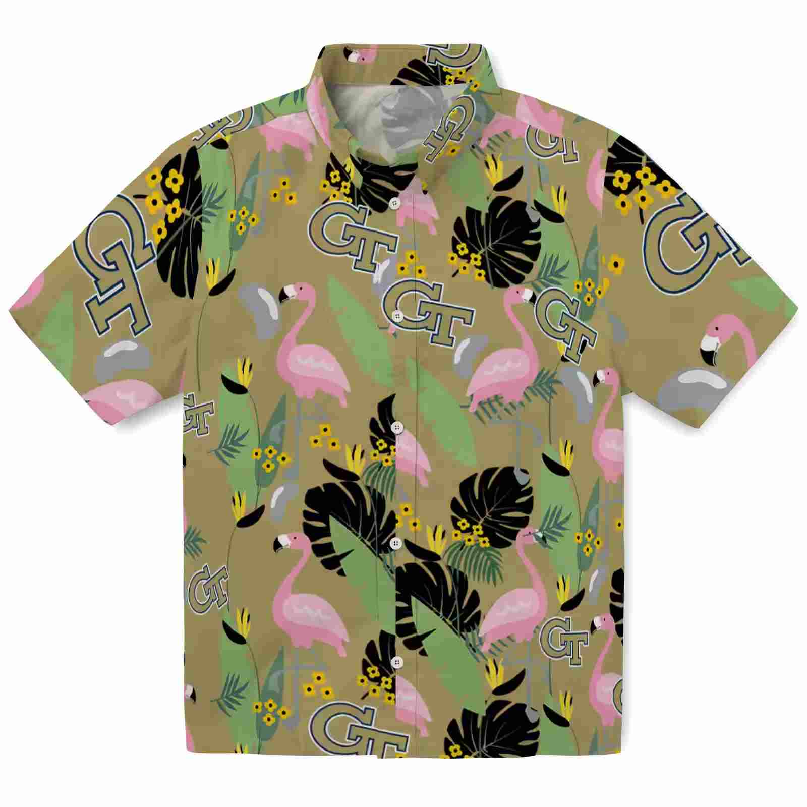 Georgia Tech Yellow Jackets Flamingo Leaves Gold Hawaiian Shirt