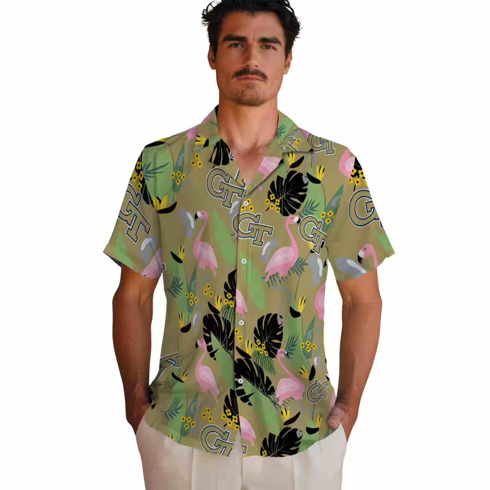 georgia tech yellow jackets flamingo leaves gold hawaiian shirt fashion forward