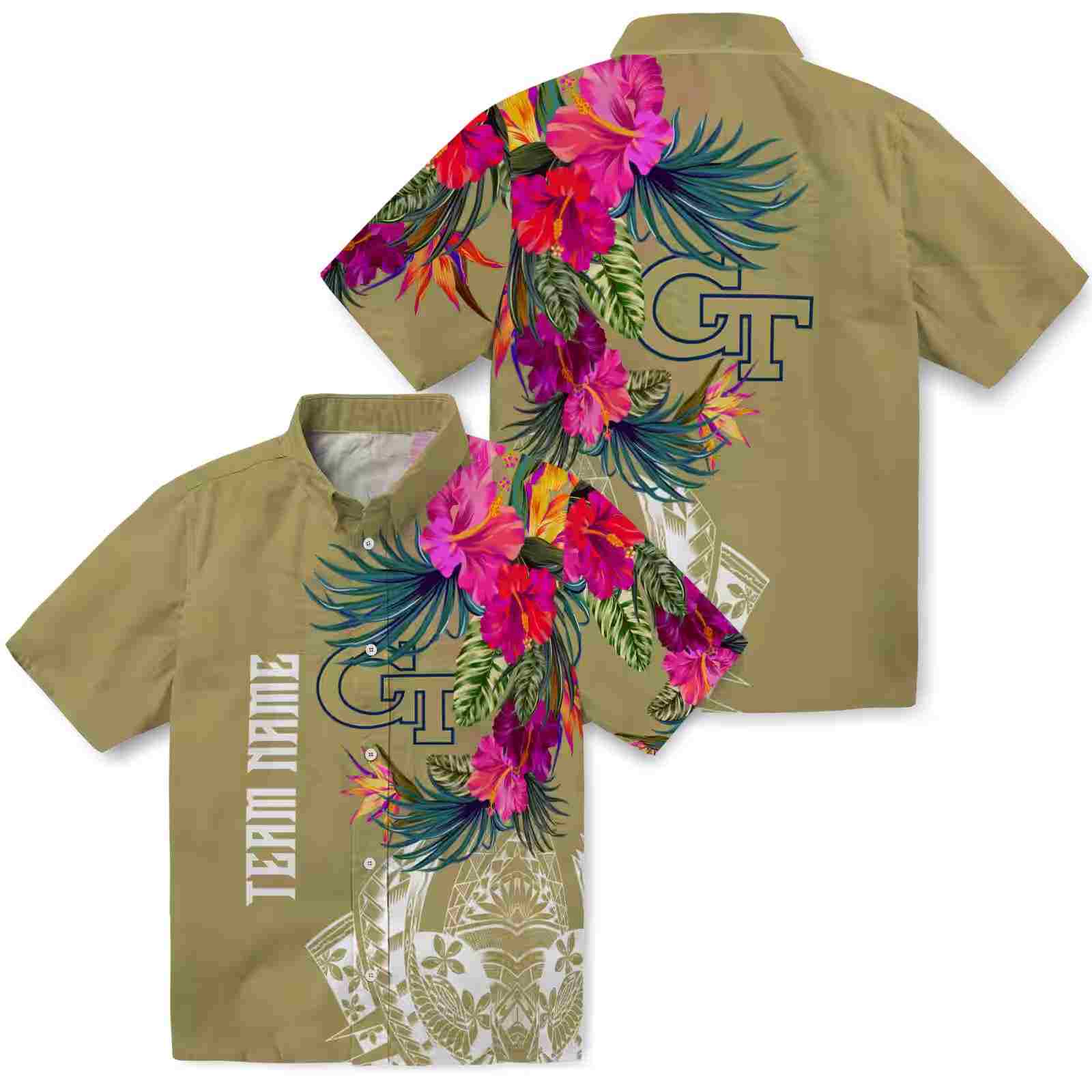 georgia tech yellow jackets floral polynesian gold hawaiian shirt high quality