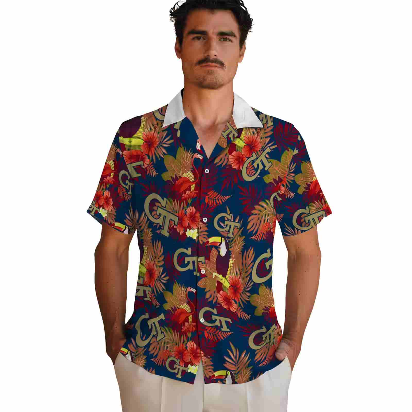 georgia tech yellow jackets floral toucan gold red hawaiian shirt fashion forward