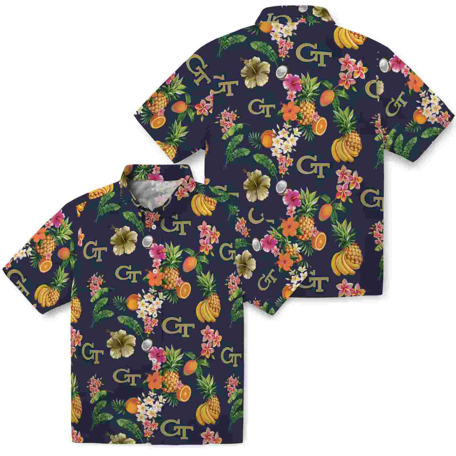 georgia tech yellow jackets hibiscus and fruit navy blue hawaiian shirt high quality