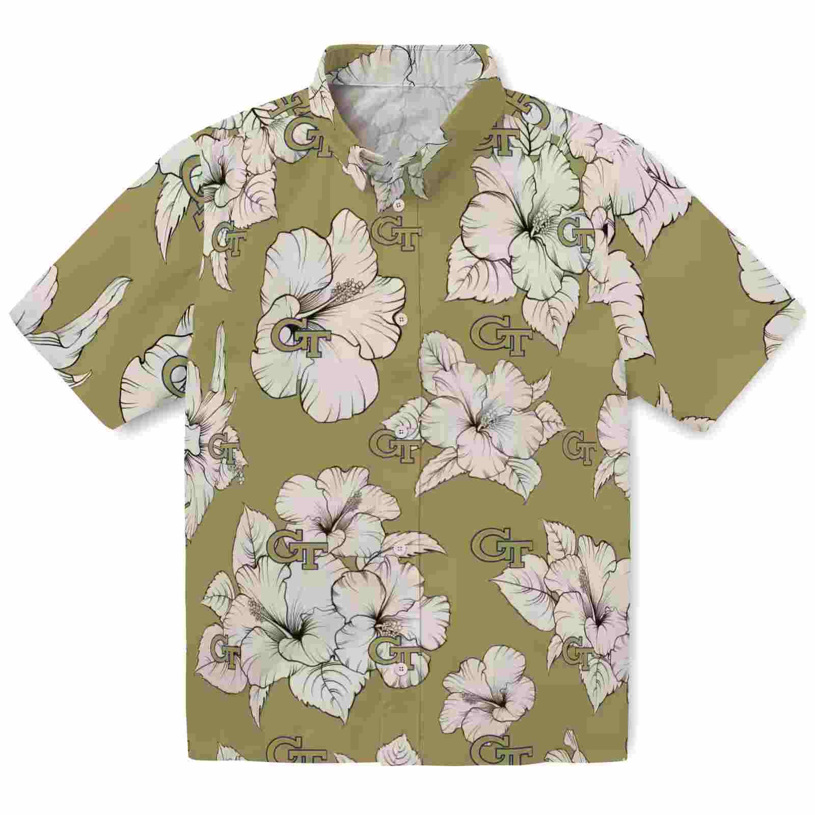 Georgia Tech Yellow Jackets Hibiscus Blooms Gold White Hawaiian Shirt