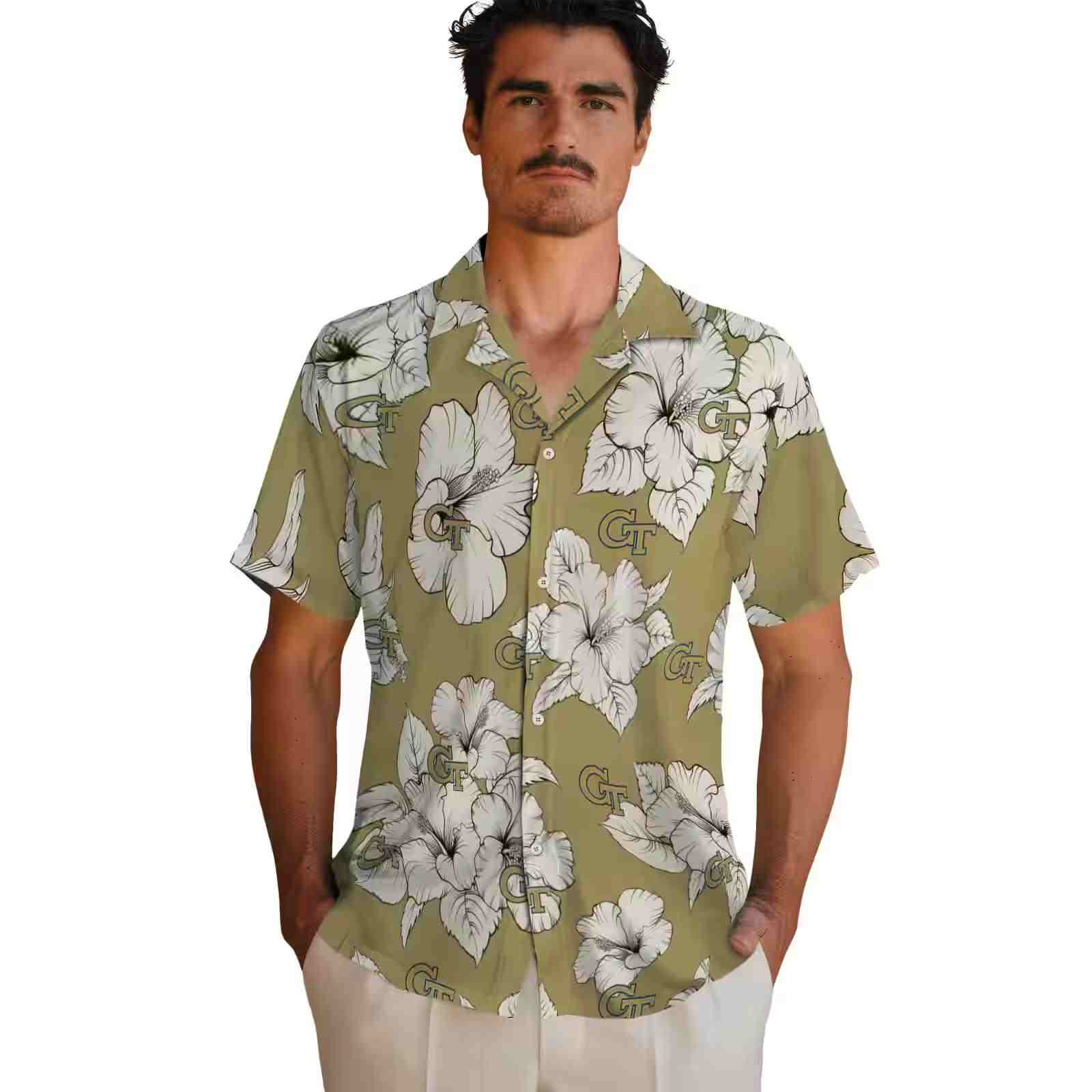 georgia tech yellow jackets hibiscus blooms gold white hawaiian shirt fashion forward