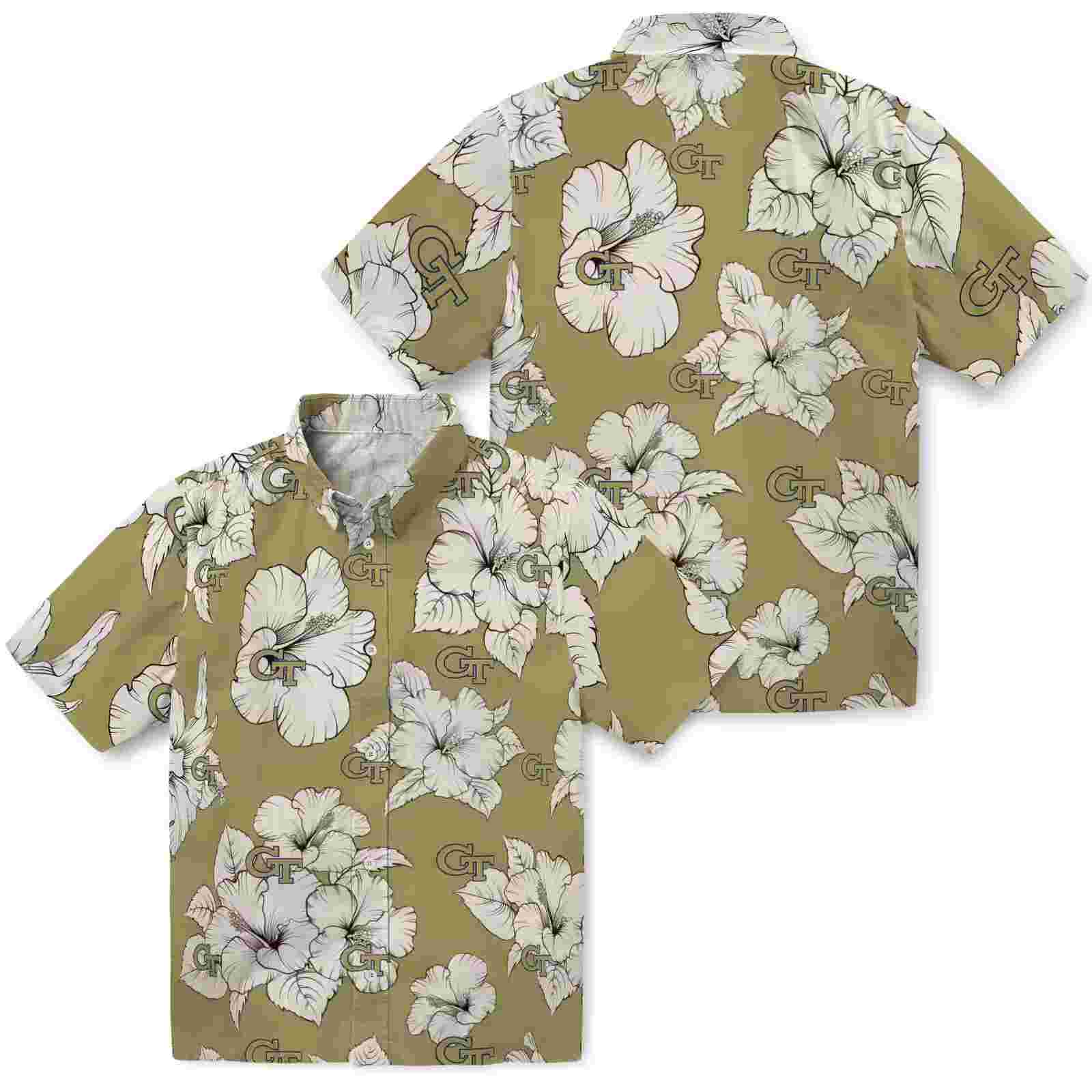 georgia tech yellow jackets hibiscus blooms gold white hawaiian shirt high quality