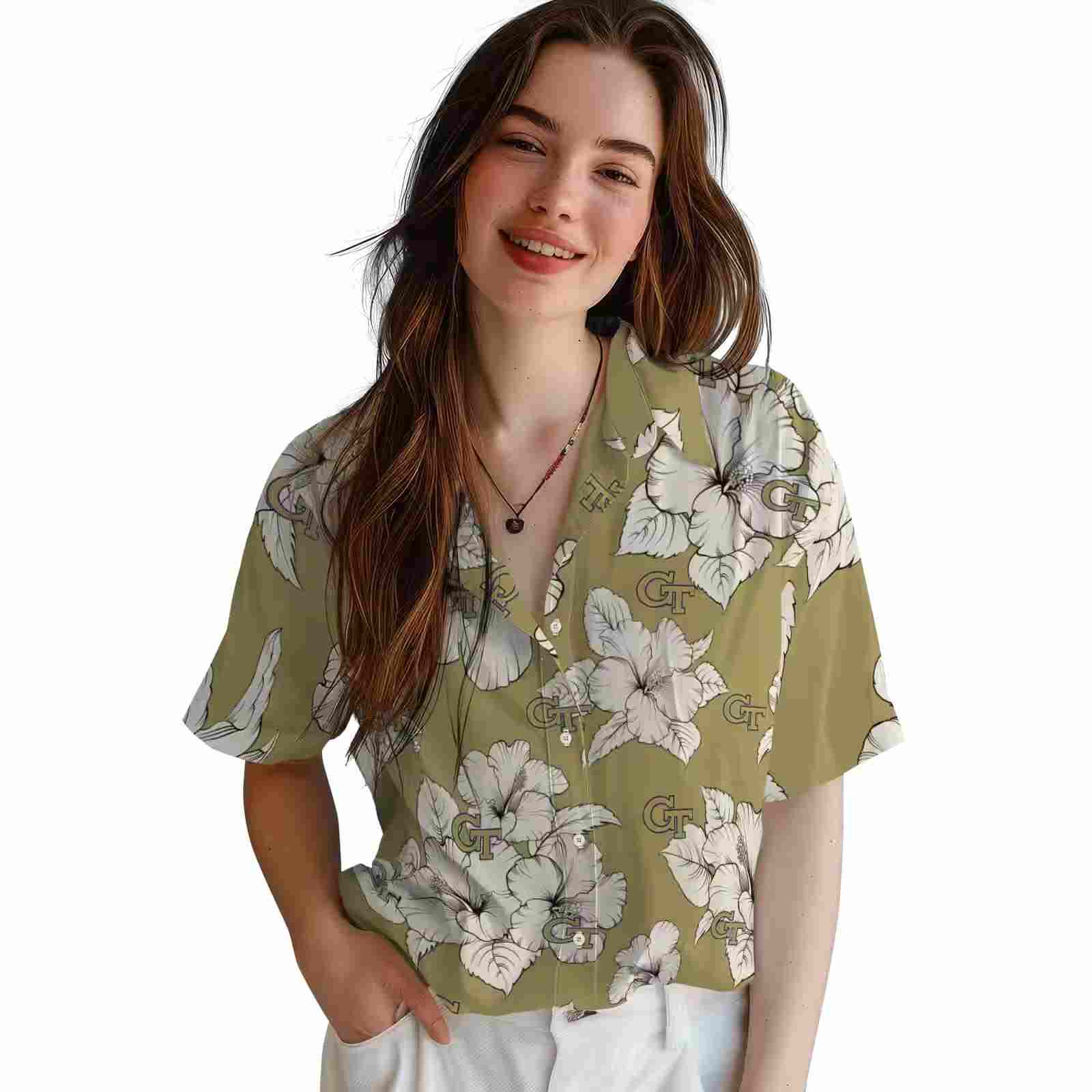 georgia tech yellow jackets hibiscus blooms gold white hawaiian shirt latest model