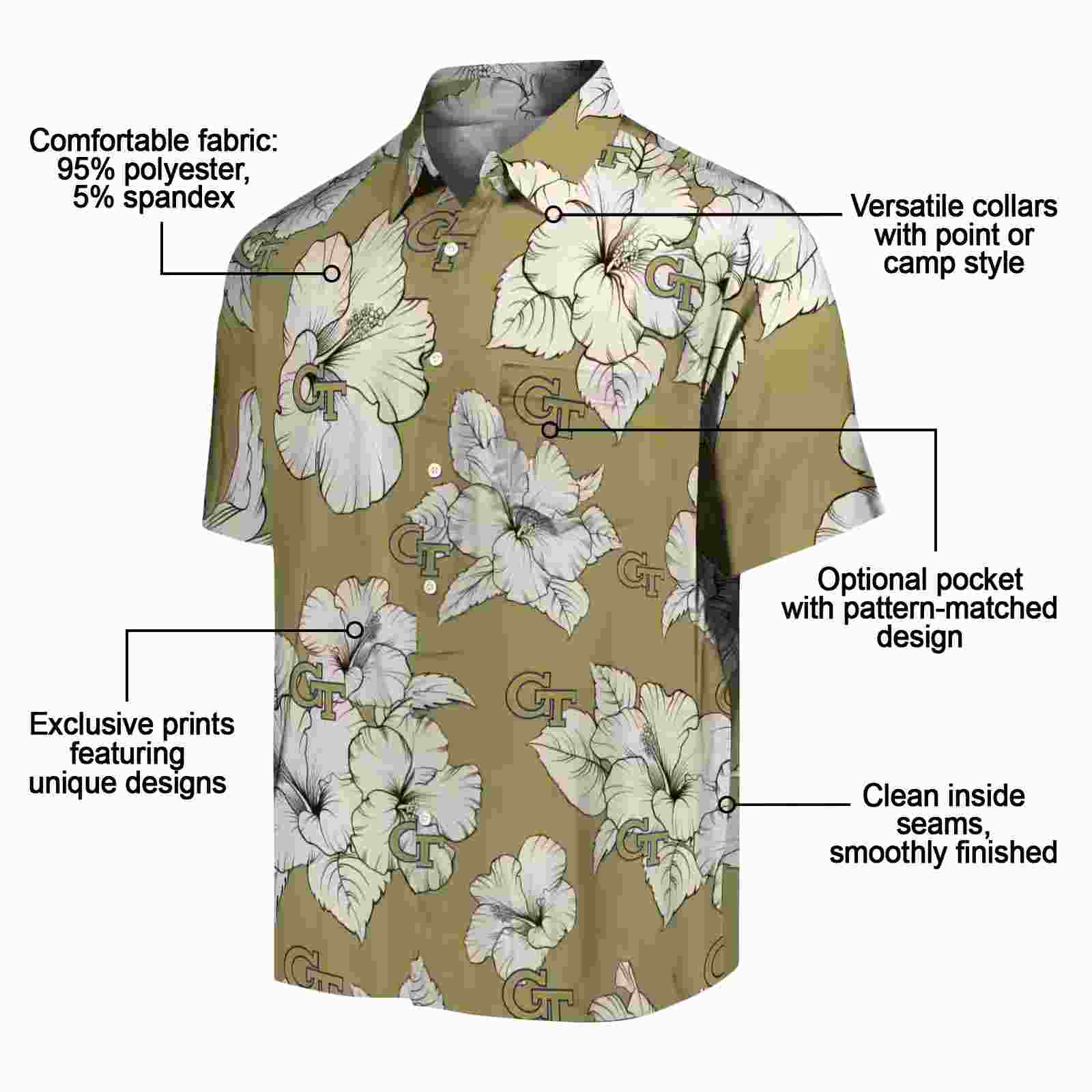 georgia tech yellow jackets hibiscus blooms gold white hawaiian shirt new arrival