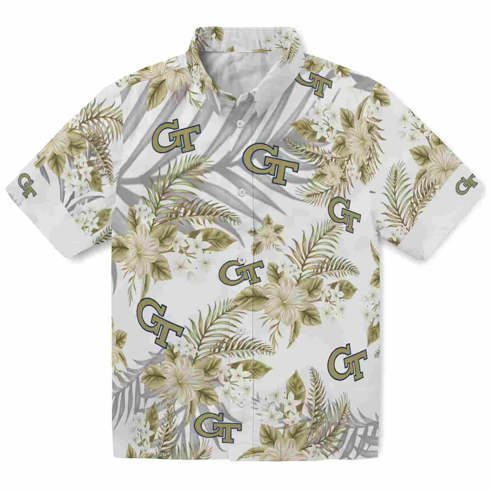 Georgia Tech Yellow Jackets Hibiscus Palm Leaves Gold White Hawaiian Shirt