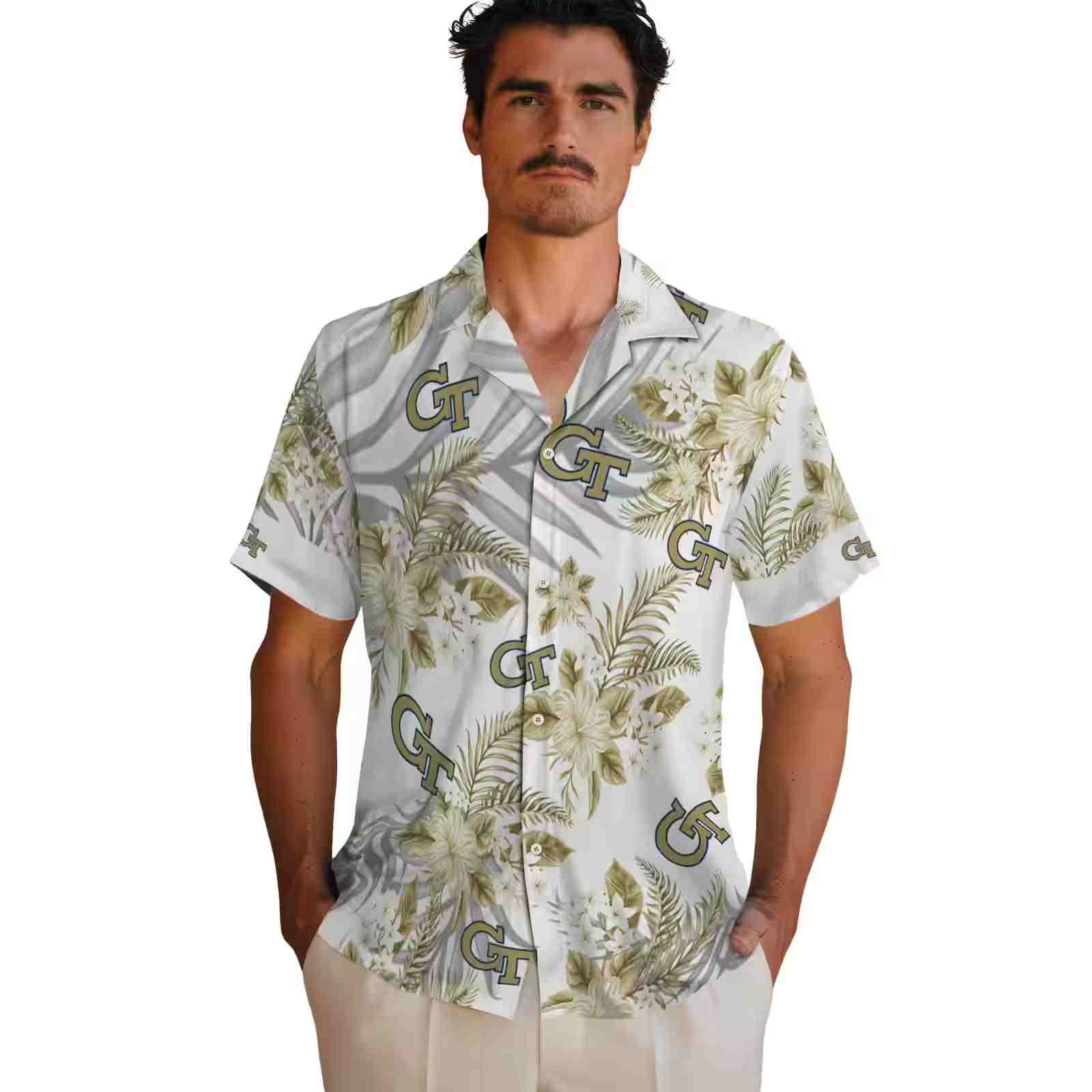 georgia tech yellow jackets hibiscus palm leaves gold white hawaiian shirt fashion forward