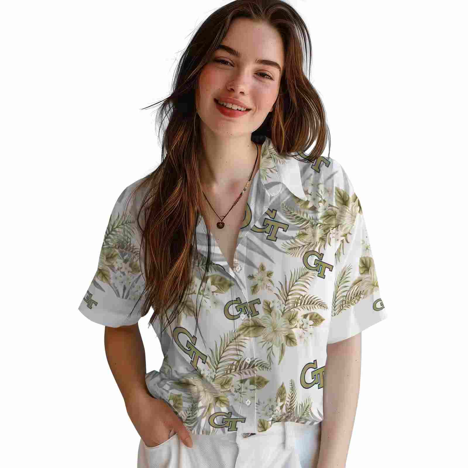 georgia tech yellow jackets hibiscus palm leaves gold white hawaiian shirt latest model