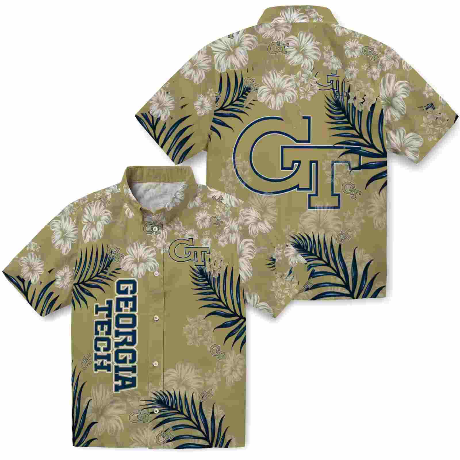 georgia tech yellow jackets hibiscus print gold hawaiian shirt high quality