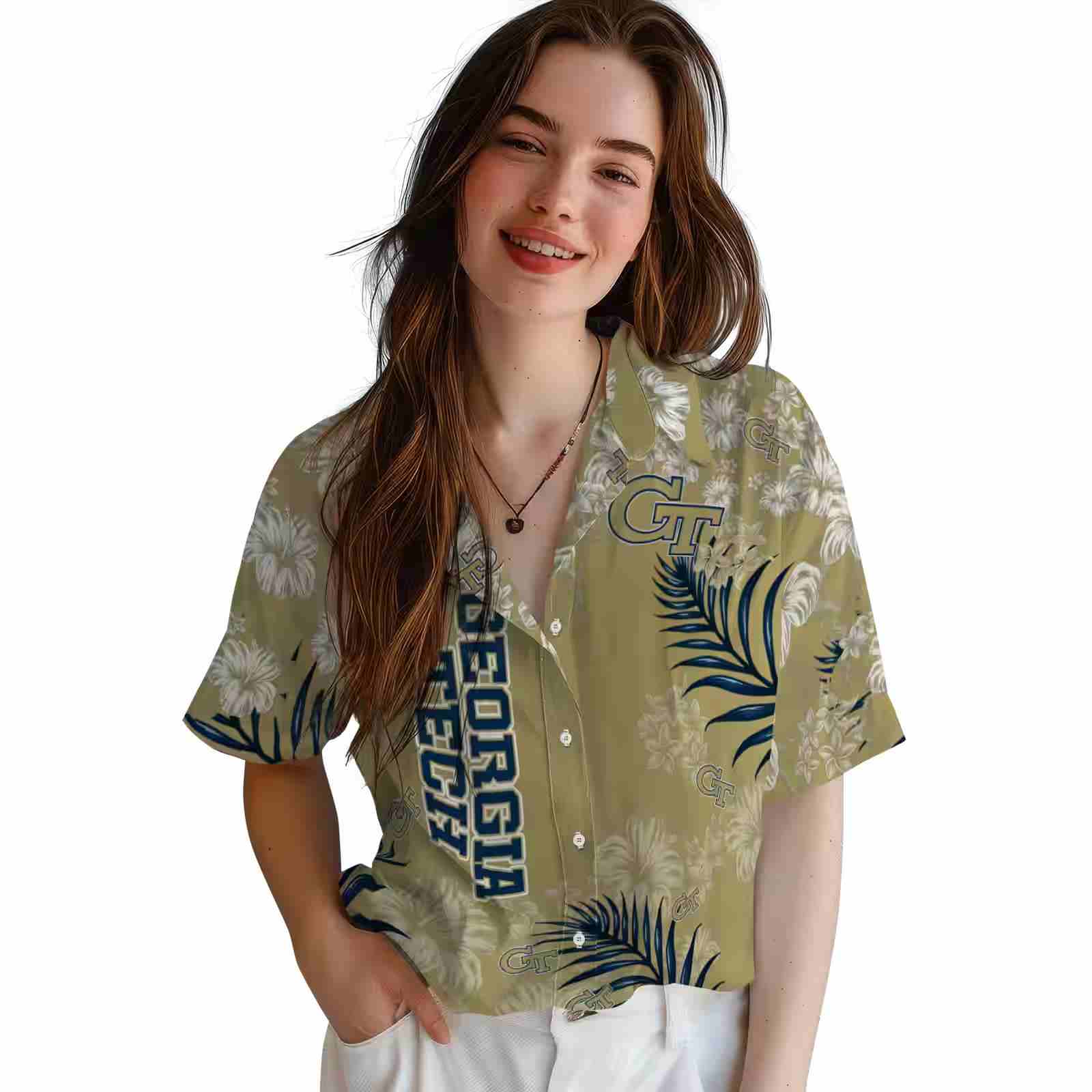 georgia tech yellow jackets hibiscus print gold hawaiian shirt latest model