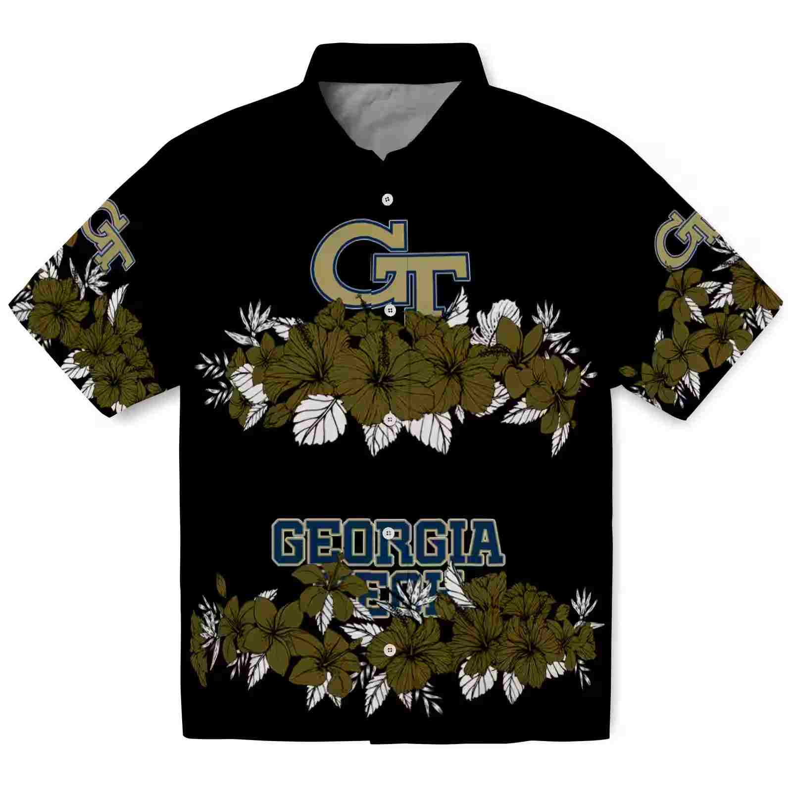 Georgia Tech Yellow Jackets Hibiscus Stripe Gold Black Hawaiian Shirt