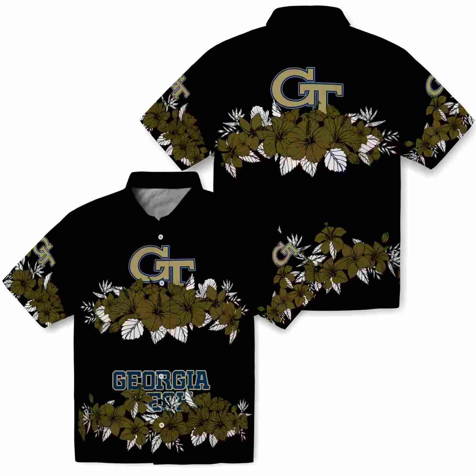 georgia tech yellow jackets hibiscus stripe gold black hawaiian shirt high quality