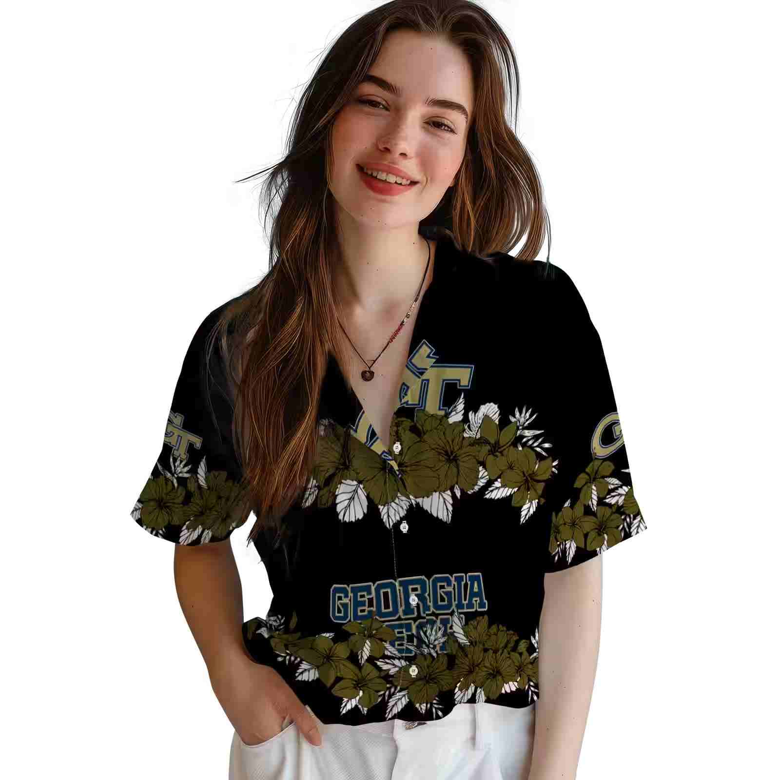 georgia tech yellow jackets hibiscus stripe gold black hawaiian shirt latest model