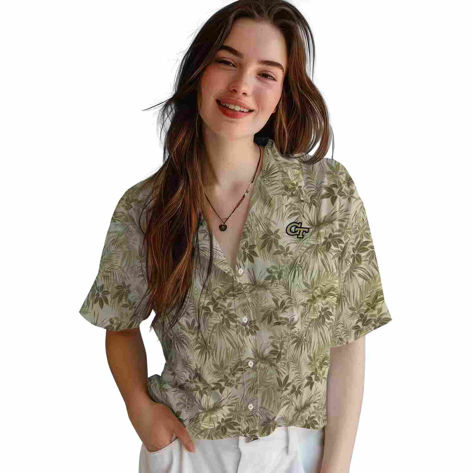 georgia tech yellow jackets leafy pattern gold hawaiian shirt latest model