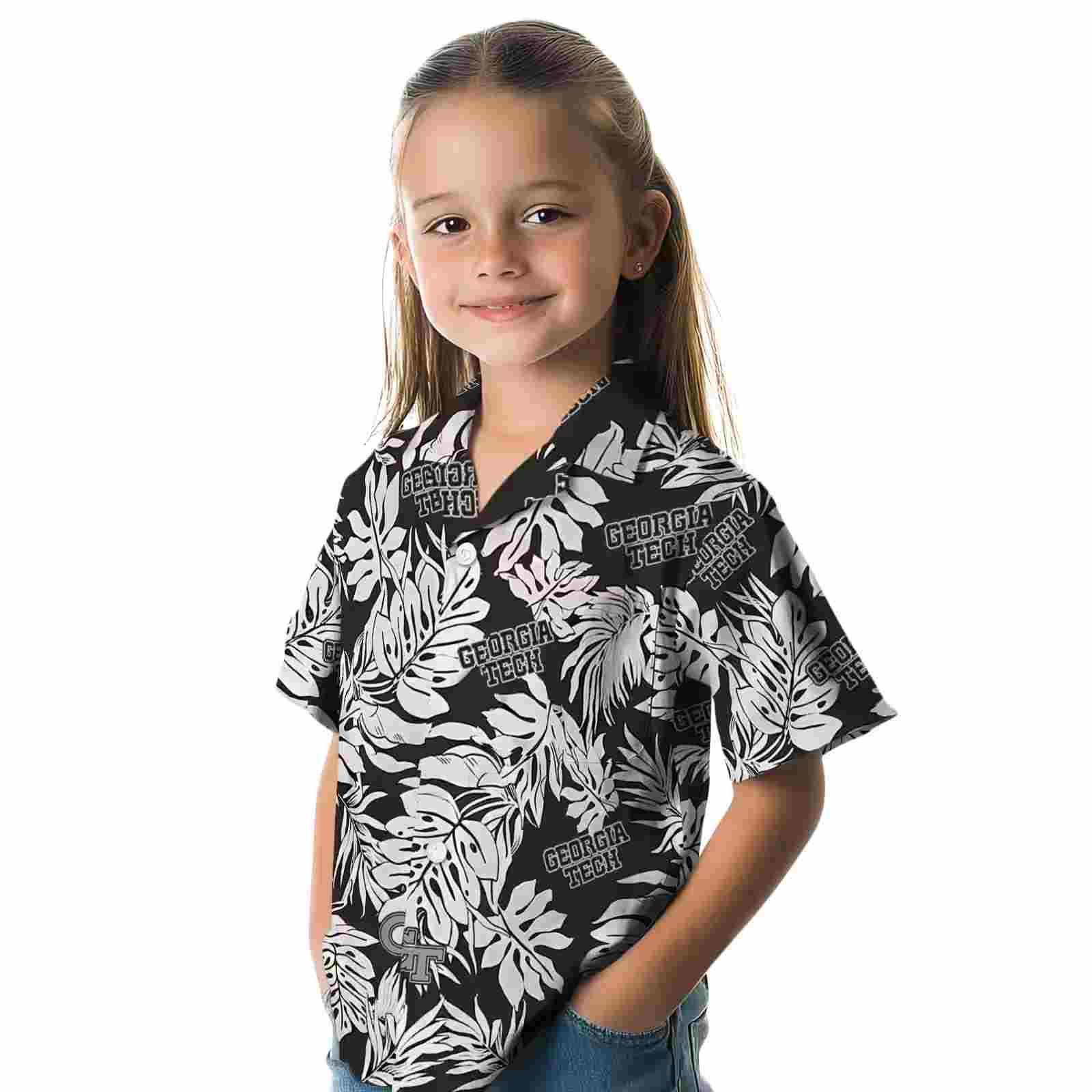 georgia tech yellow jackets monstera leaf pattern black hawaiian shirt premium grade