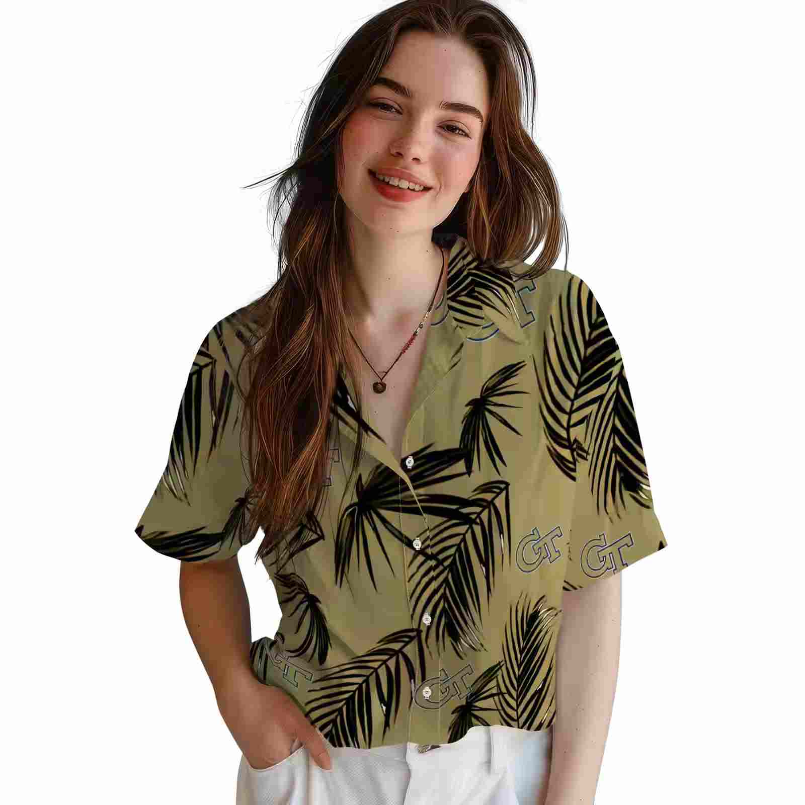 georgia tech yellow jackets palm leaf gold hawaiian shirt latest model