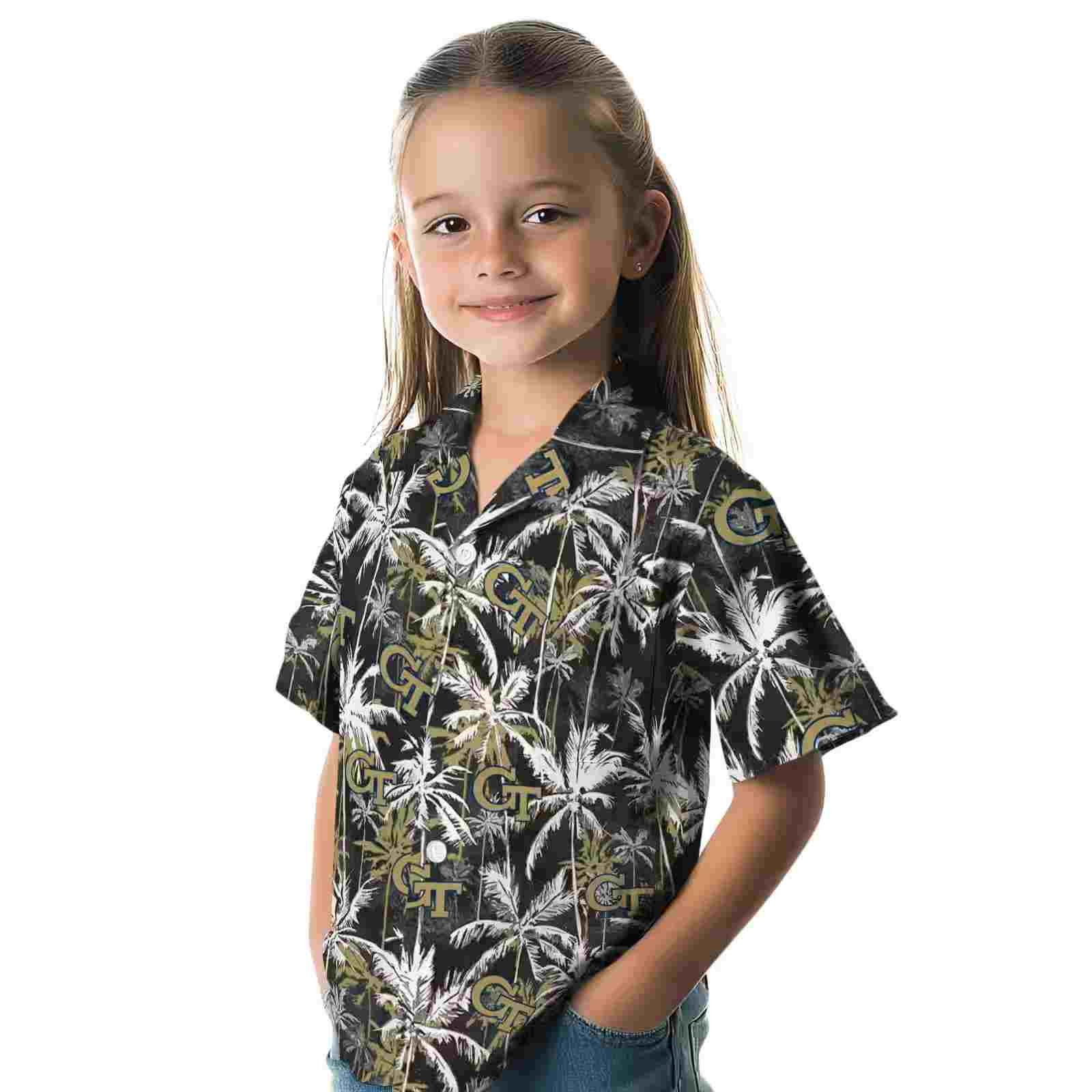 georgia tech yellow jackets palm pattern gold black hawaiian shirt premium grade