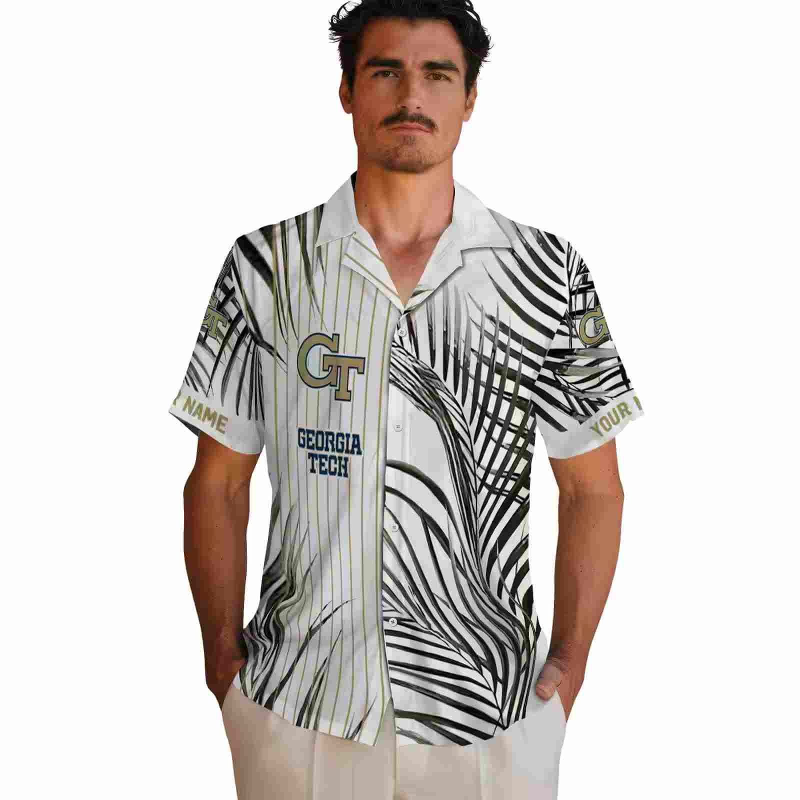 georgia tech yellow jackets palm stripes gold black white hawaiian shirt fashion forward