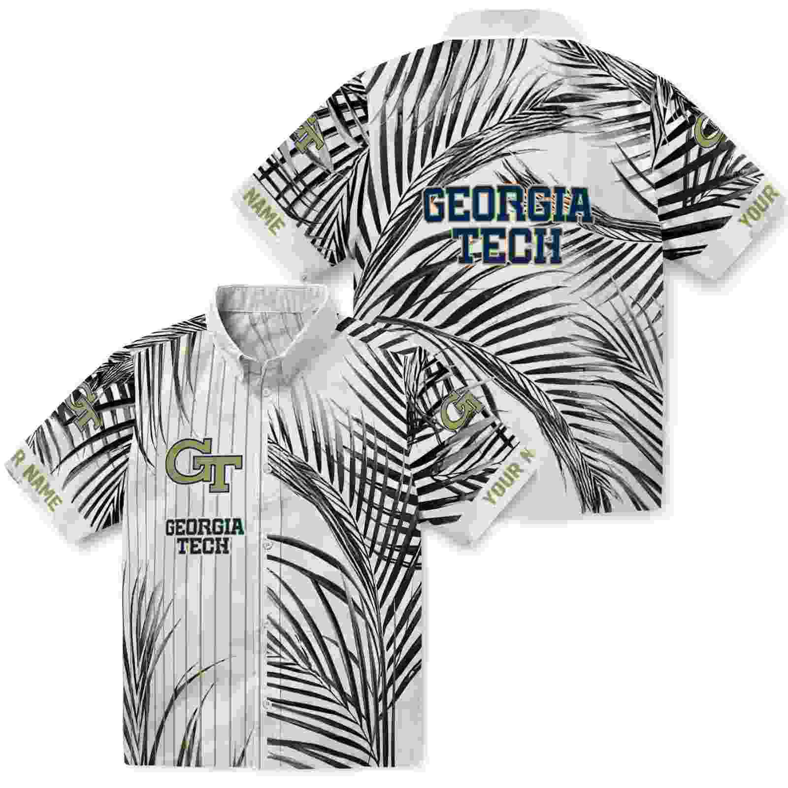 georgia tech yellow jackets palm stripes gold black white hawaiian shirt high quality