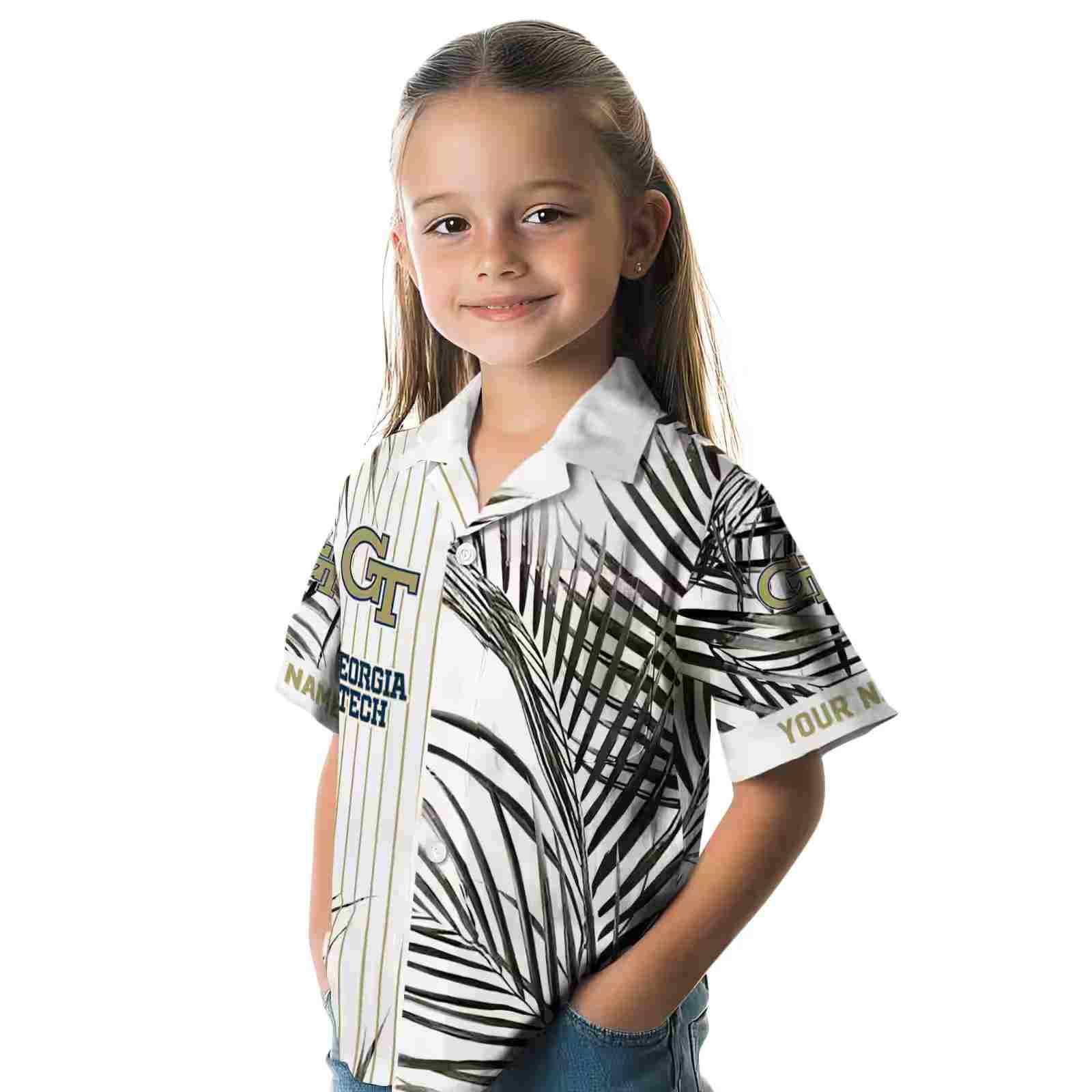 georgia tech yellow jackets palm stripes gold black white hawaiian shirt premium grade